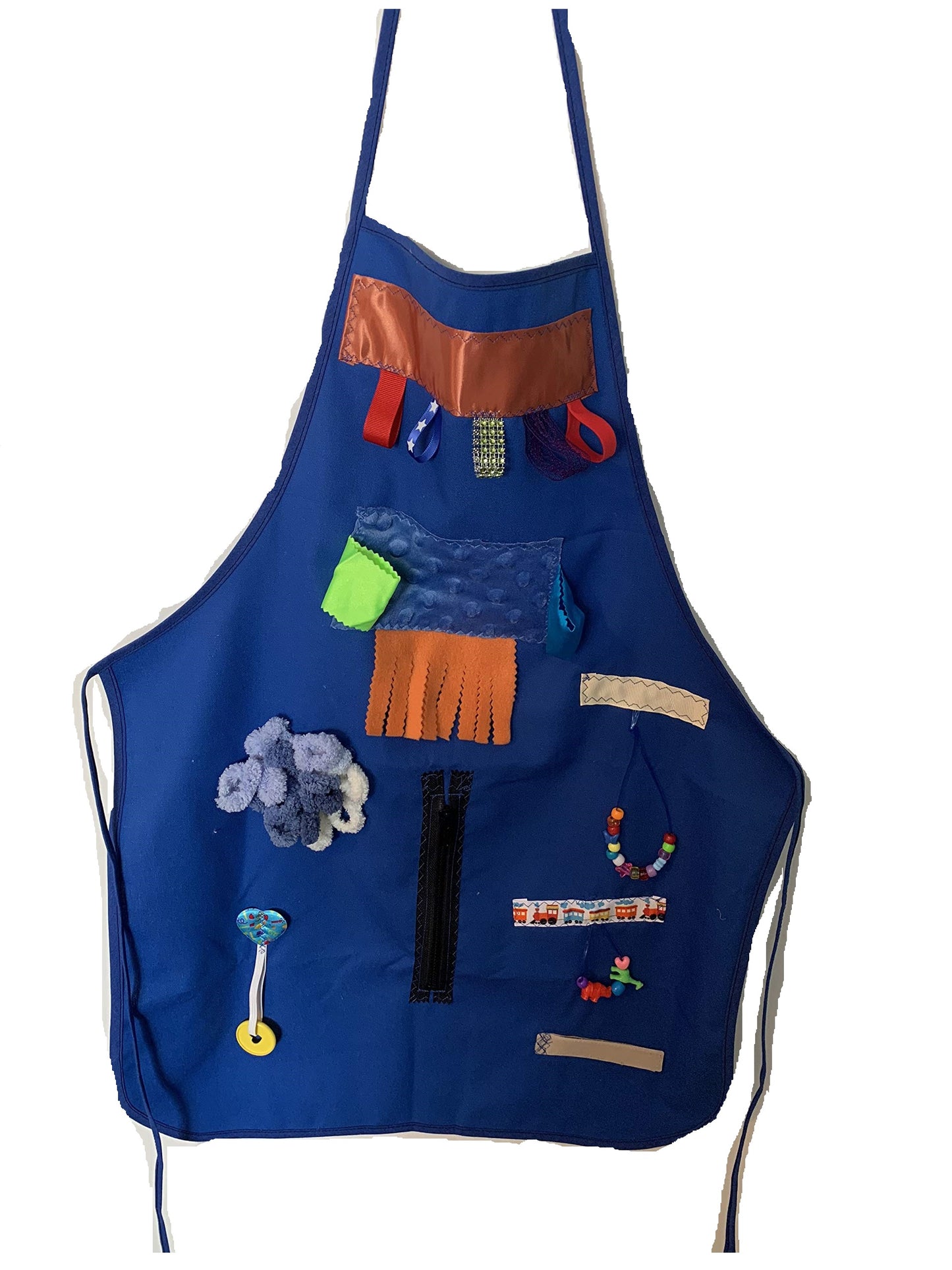 Adult Fidget Apron, tactile apron, various fidgets and ribbons, zipper, washable