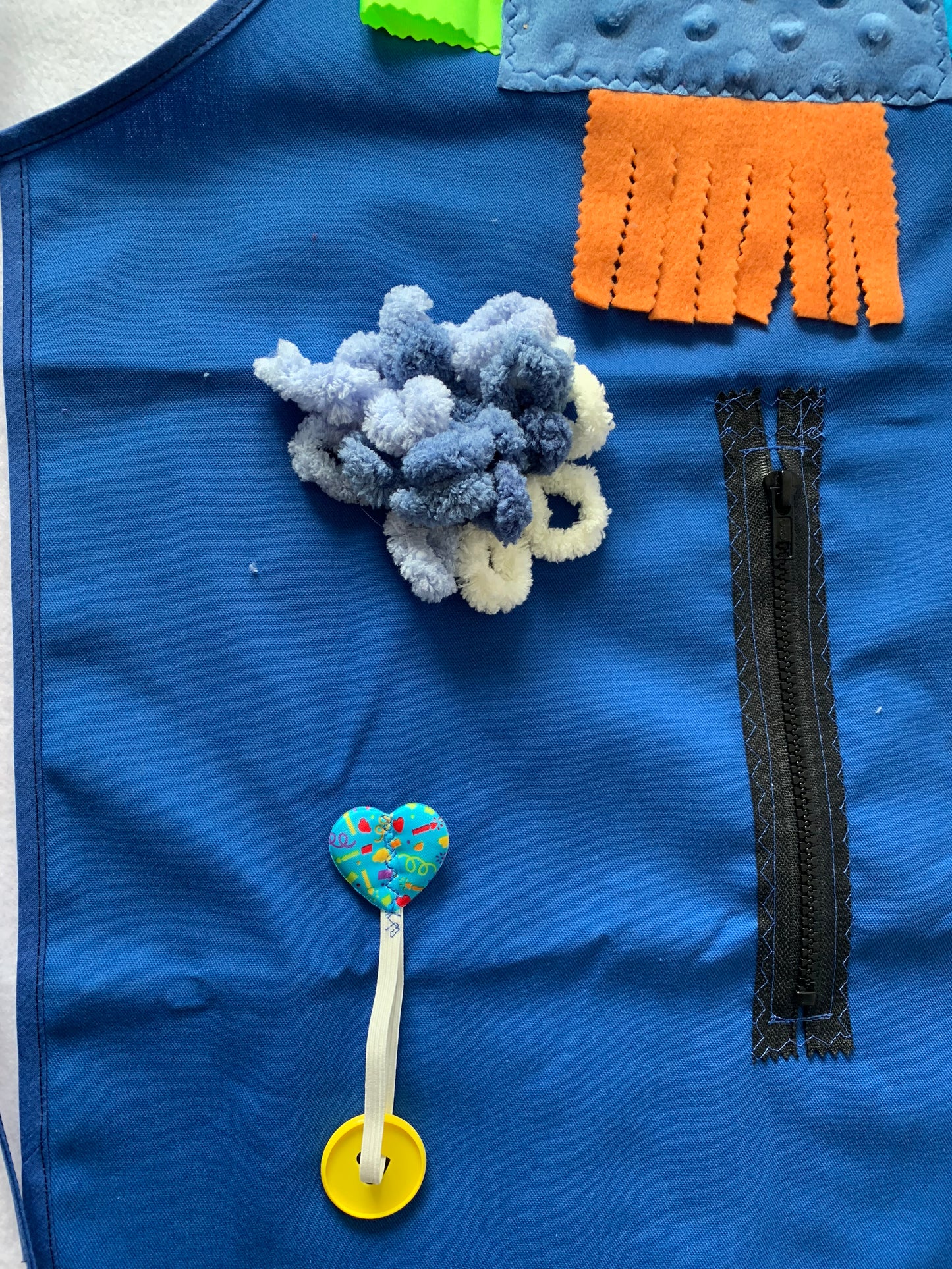 Adult Fidget Apron, tactile apron, various fidgets and ribbons, zipper, washable