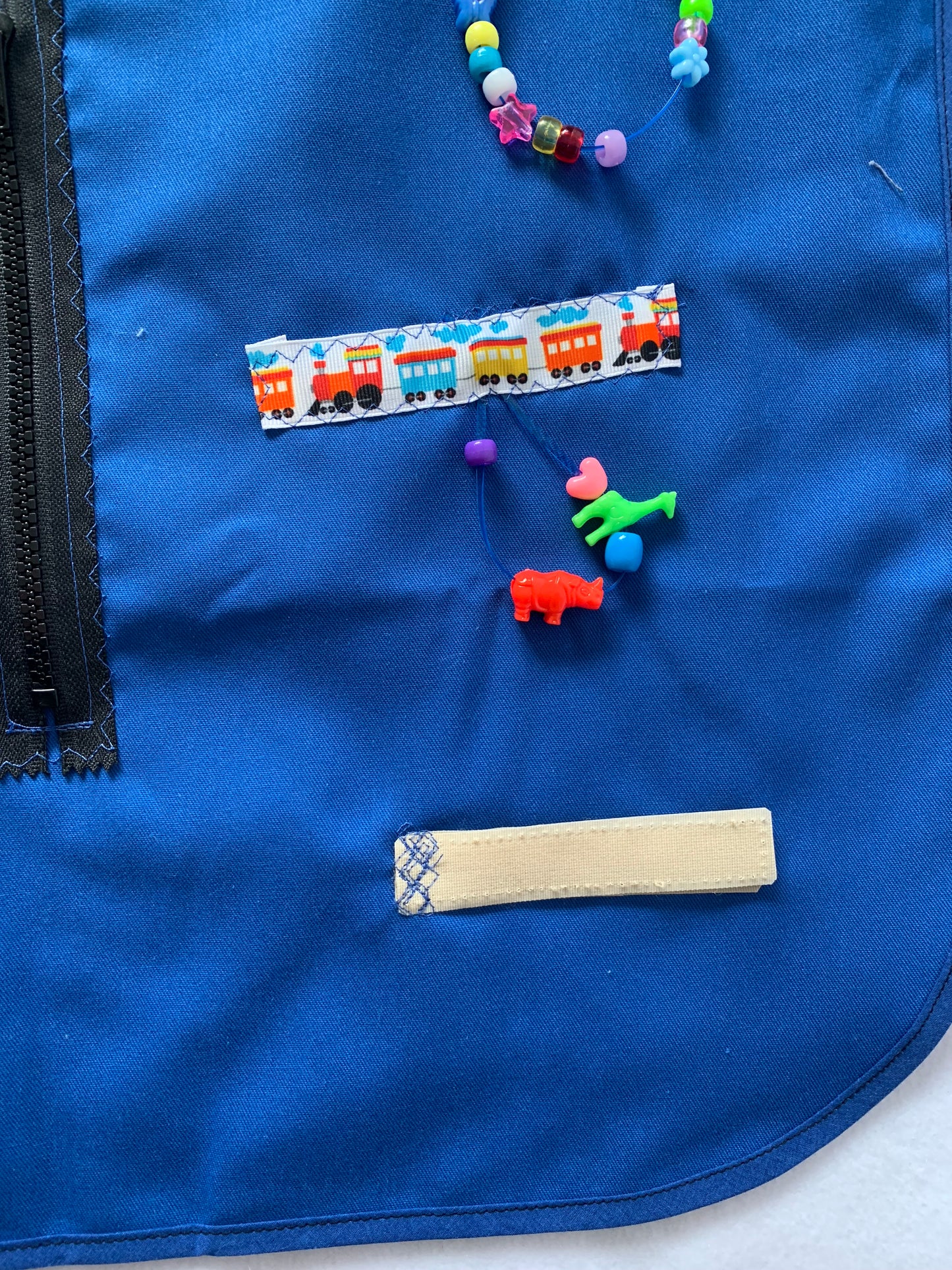 Adult Fidget Apron, tactile apron, various fidgets and ribbons, zipper, washable