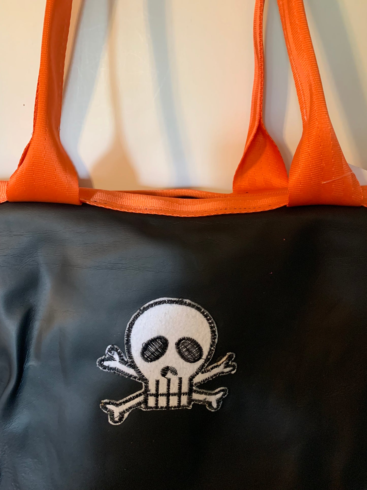 Skull Faux leather tote bag with seatbelt straps & skull decal, vegan leather handbag, men's tote bag, Father's Day Gift