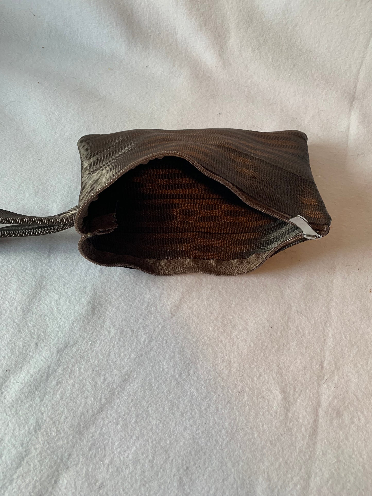Seat belt clutch with wrist strap, various colors, lined or unlined, make up bag