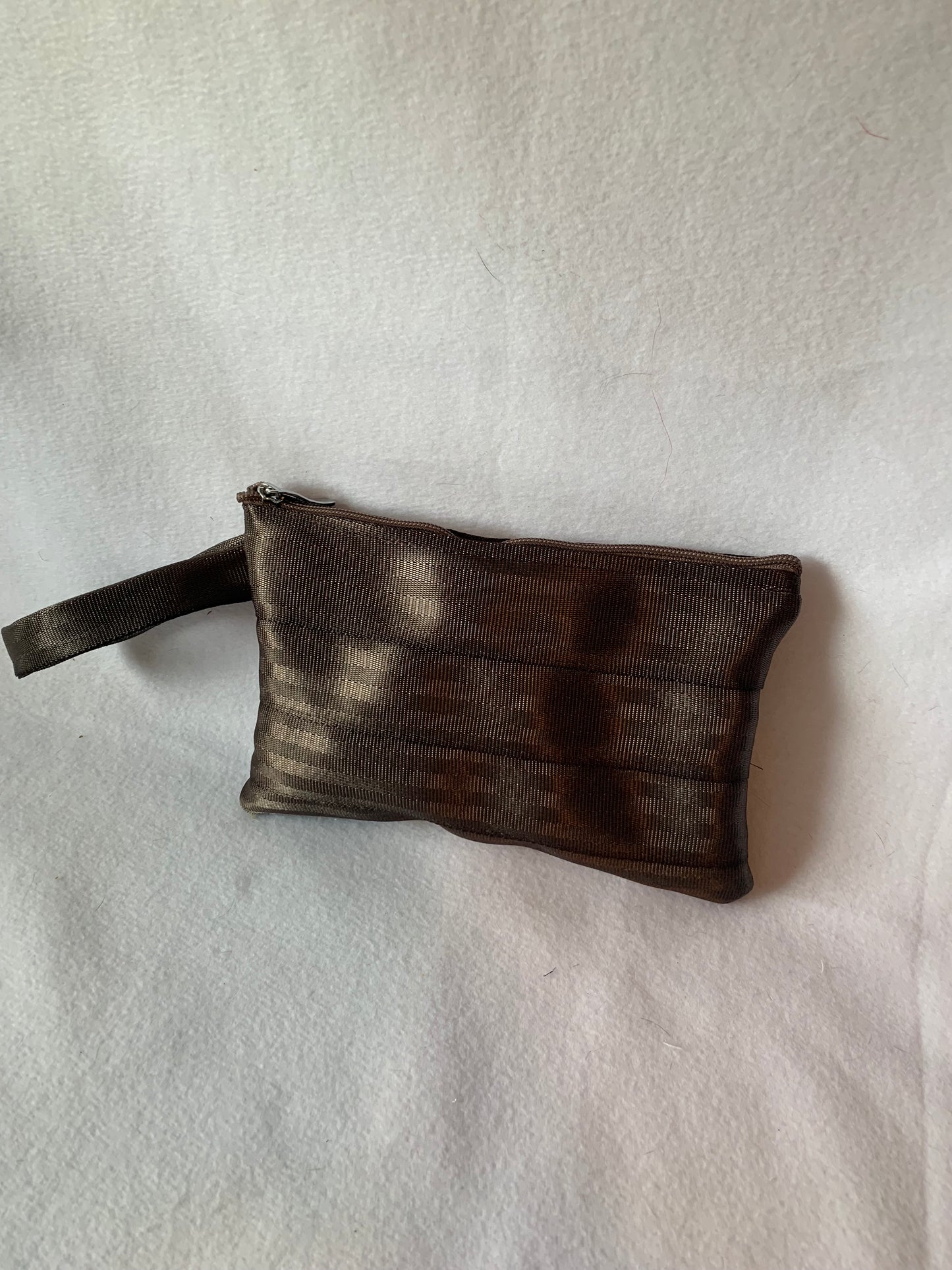 Seat belt clutch with wrist strap, various colors, lined or unlined, make up bag