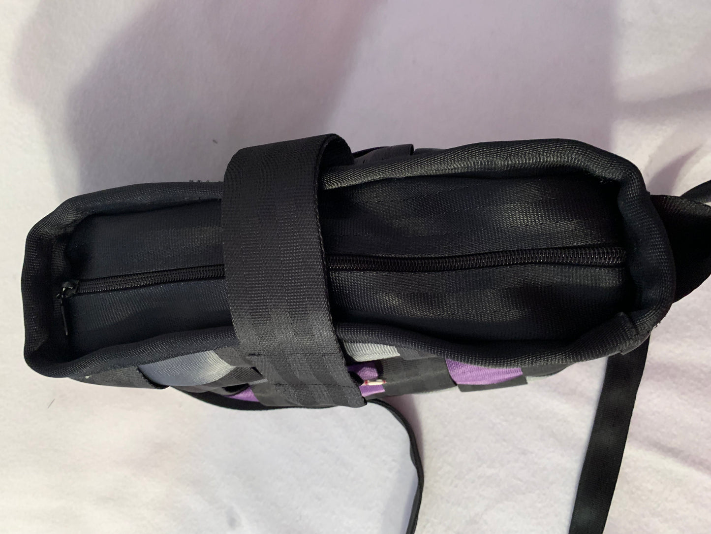 Cross Body Seat Belt Purse in black, grey and purple with zipper and magnetic snap flap, washable