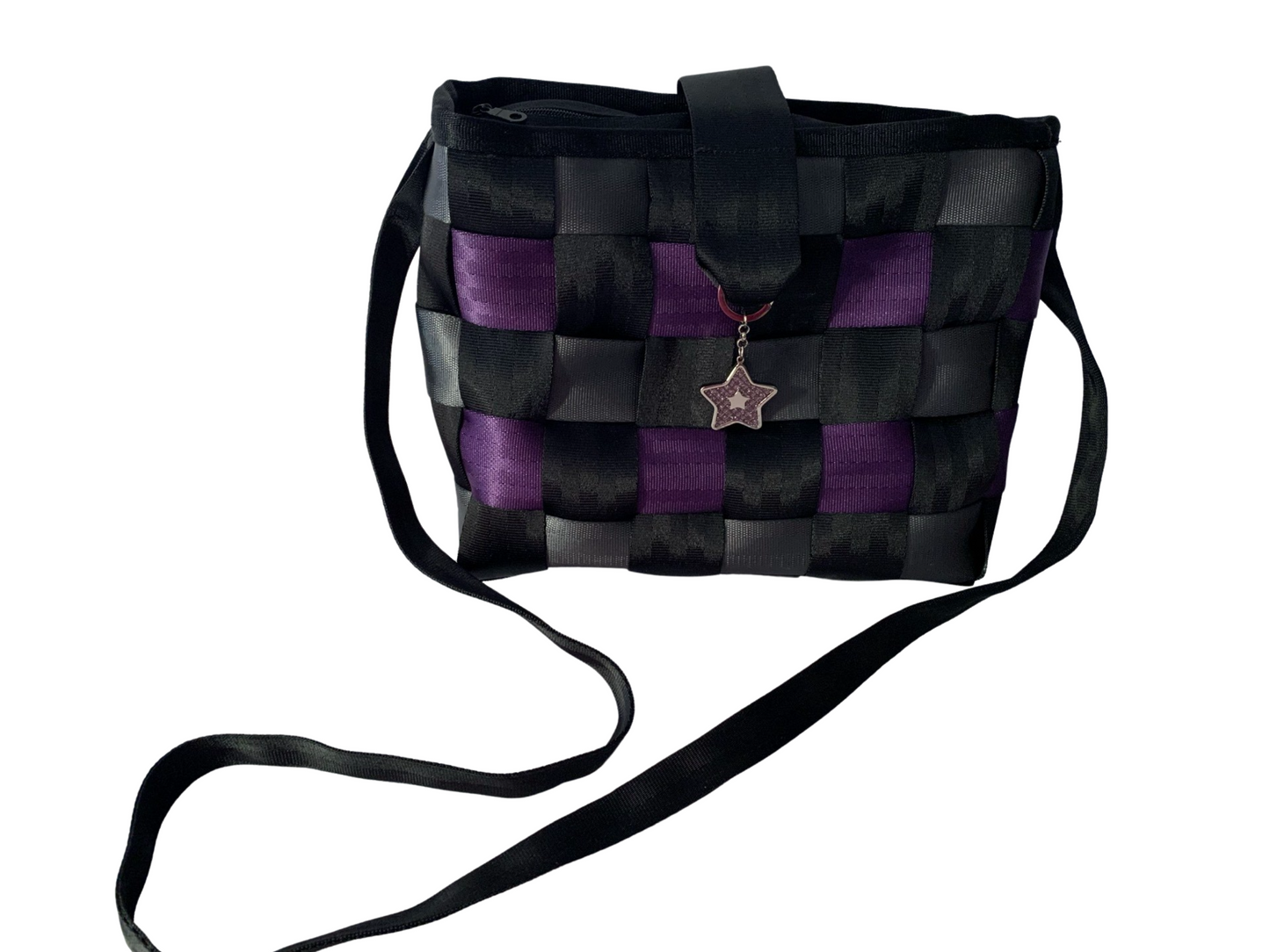 Cross Body Seat Belt Purse in black, grey and purple with zipper and magnetic snap flap, washable