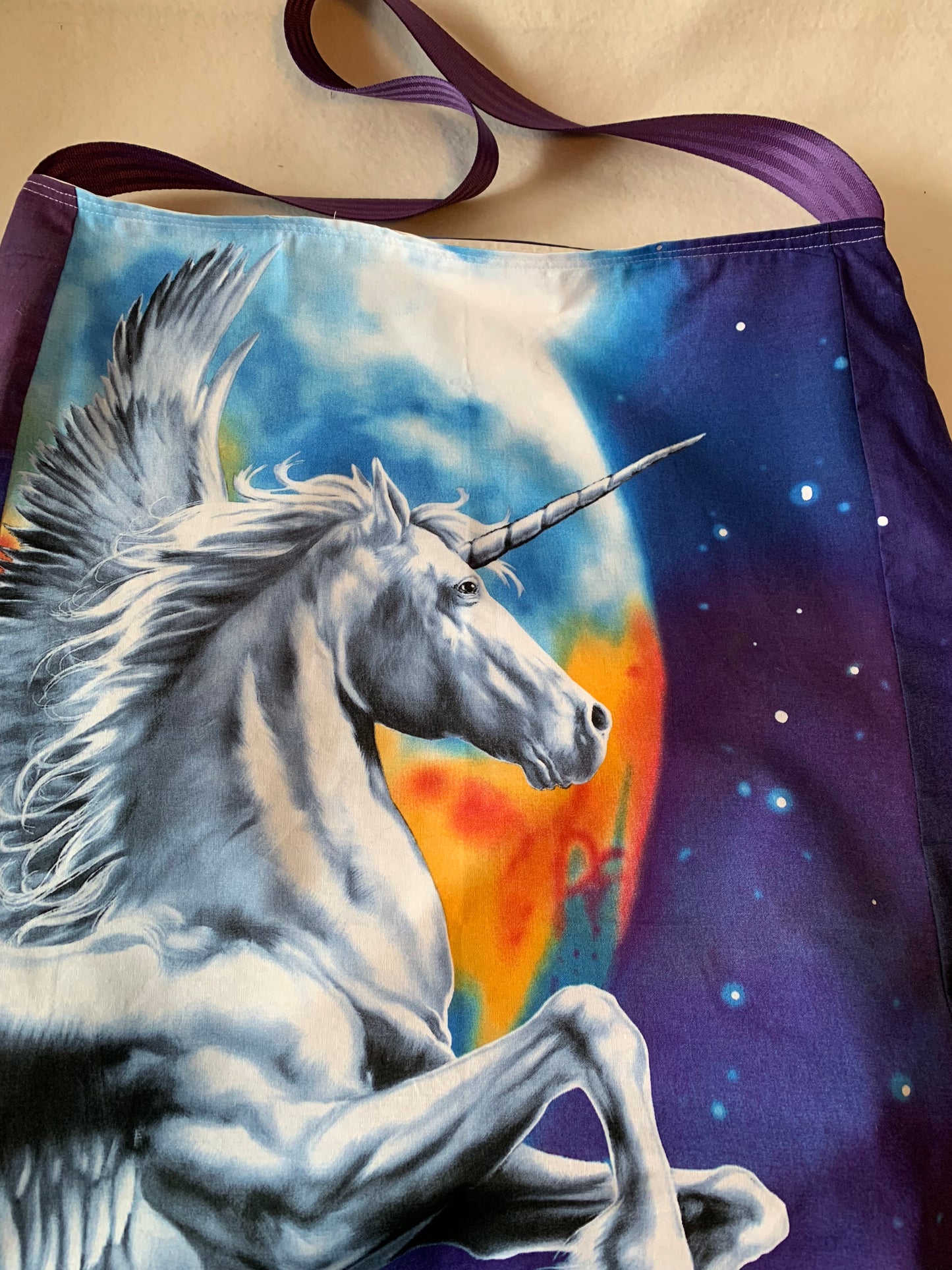 Extra large Tote bag in Pegasus cotton and heavy duty nylon lining with seat belt strap, moon & stars