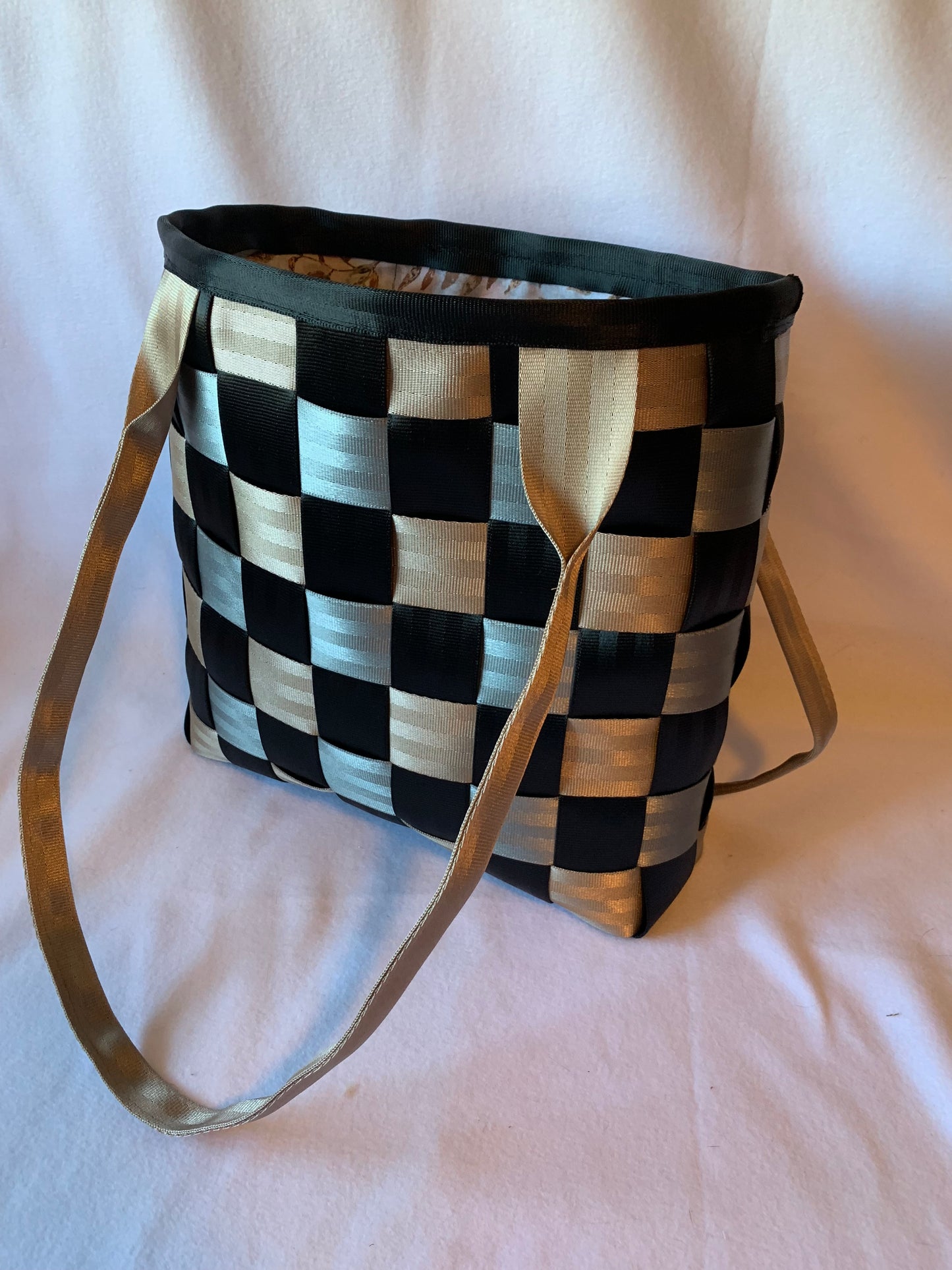 Large seat belt tote, weave style in black, silver & tan, seatbelt handbag, extra large purse