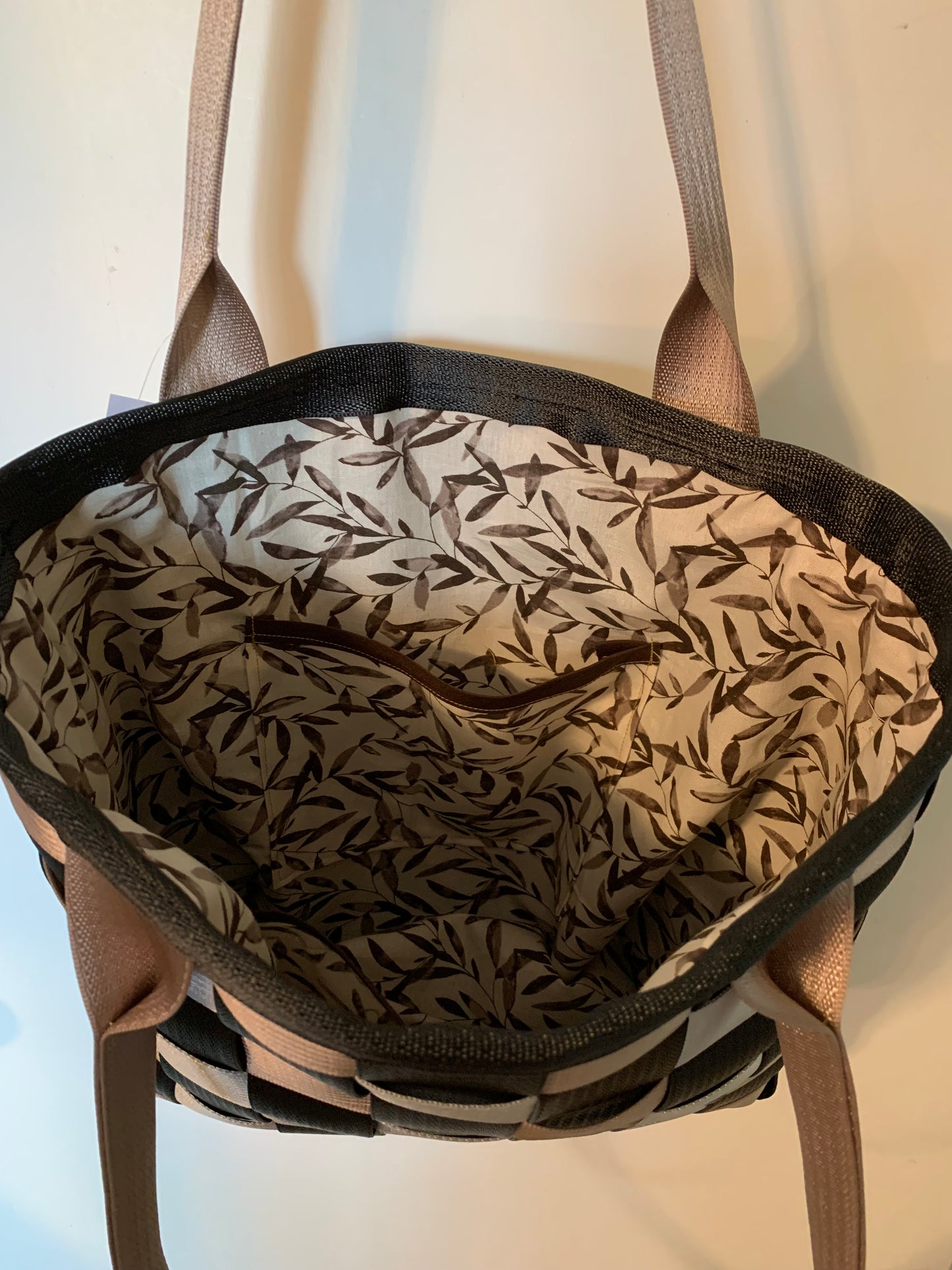 Large seat belt tote, weave style in black, silver & tan, seatbelt handbag, extra large purse