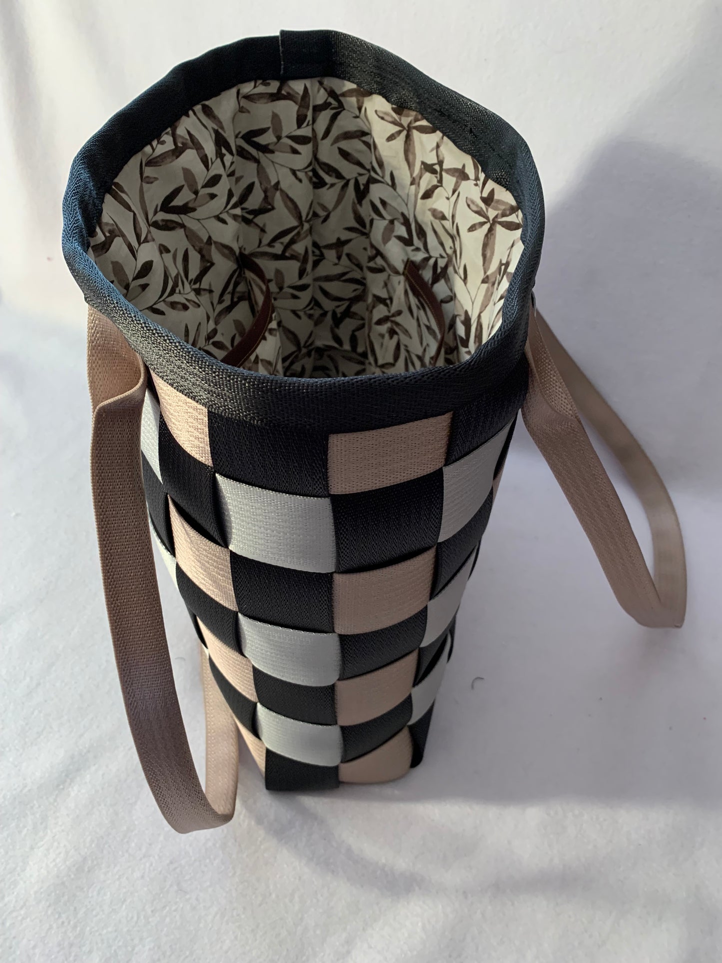 Large seat belt tote, weave style in black, silver & tan, seatbelt handbag, extra large purse