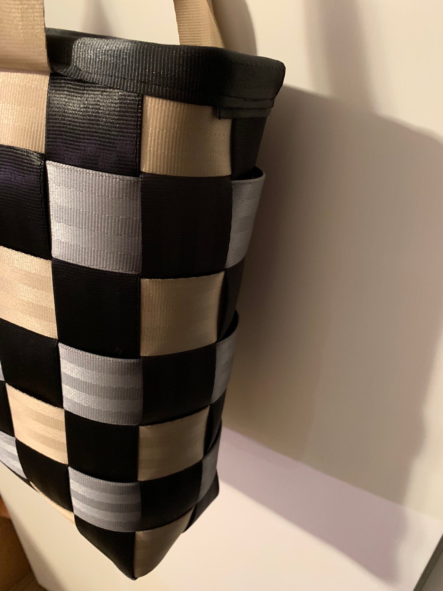 Large seat belt tote, weave style in black, silver & tan, seatbelt handbag, extra large purse