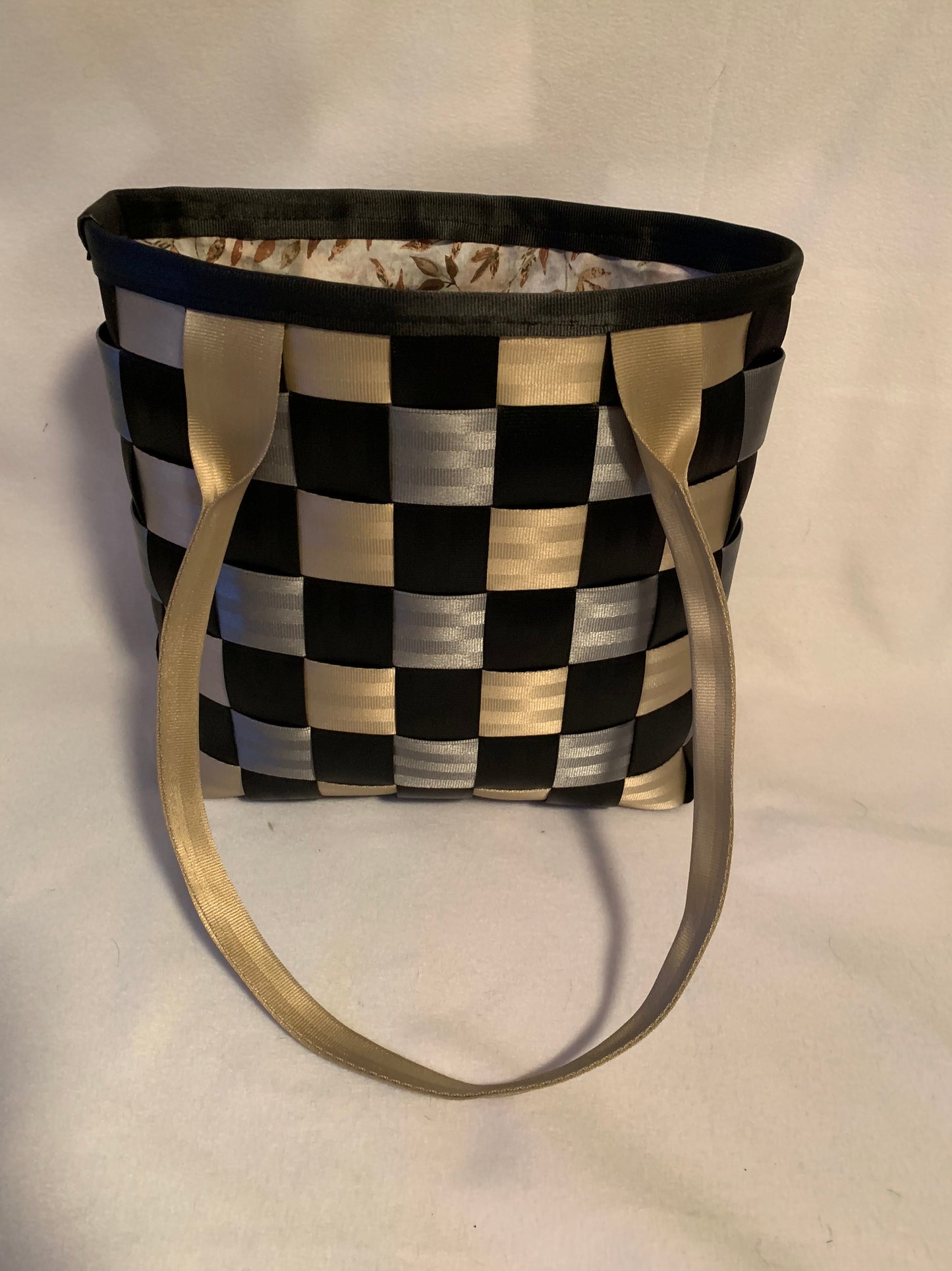 Large seat belt tote, weave style in black, silver & tan, seatbelt handbag, extra large purse