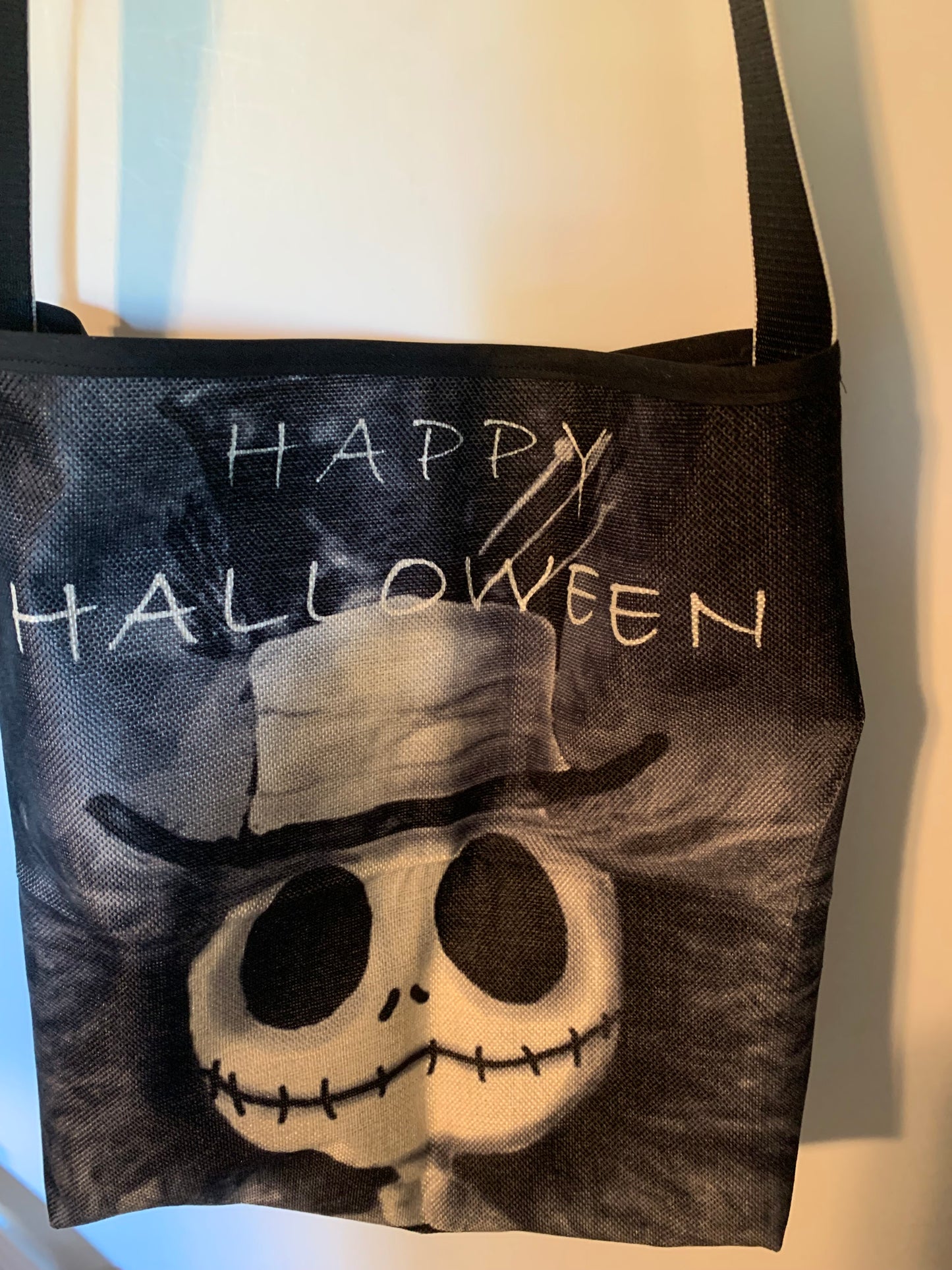 Halloween Themed Tote Bag, Nightmare before Christmas, Skull Print Design, Spooky Holiday Shopping Bag with Handles