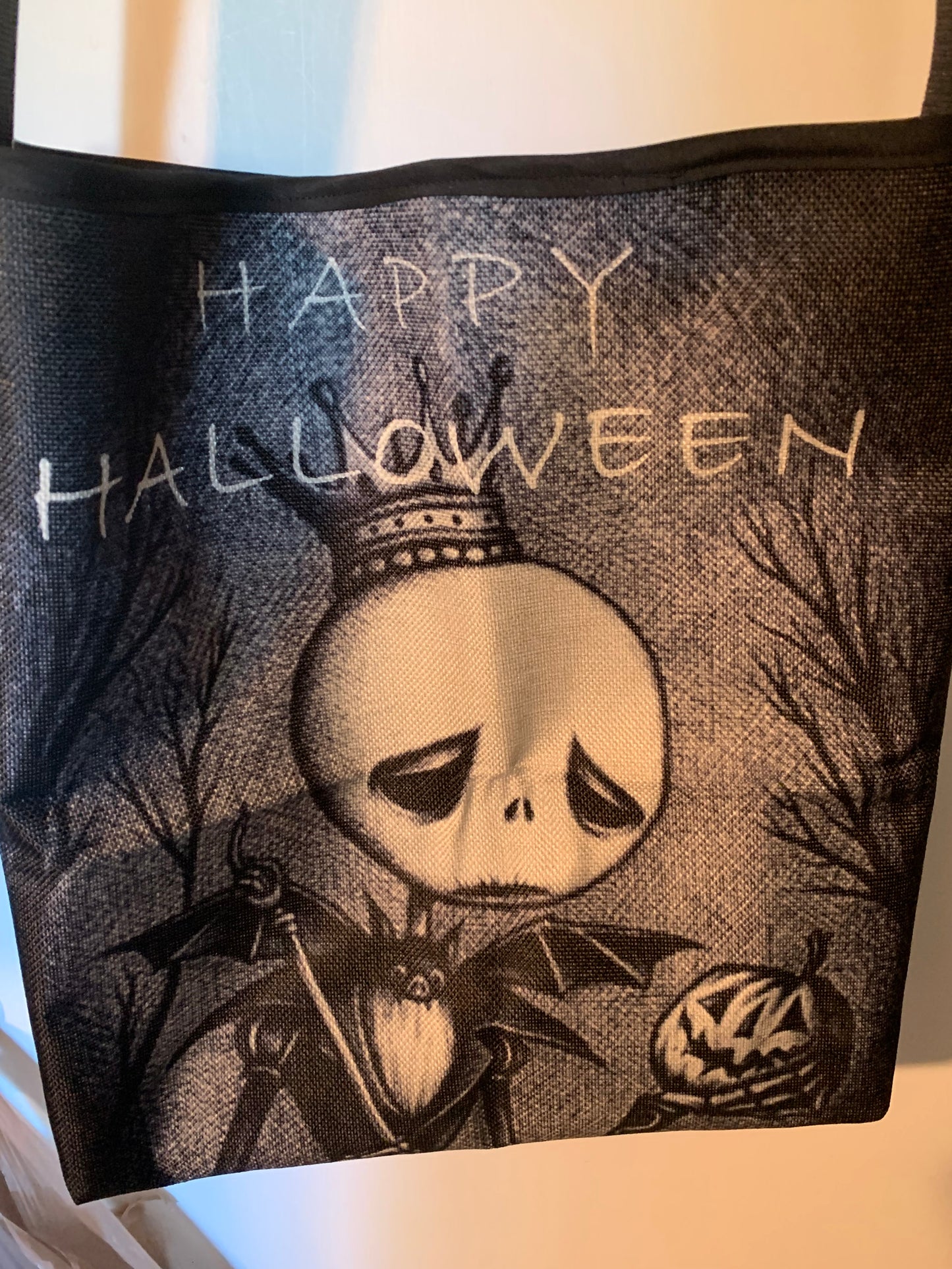Halloween Themed Tote Bag, Nightmare before Christmas, Skull Print Design, Spooky Holiday Shopping Bag with Handles