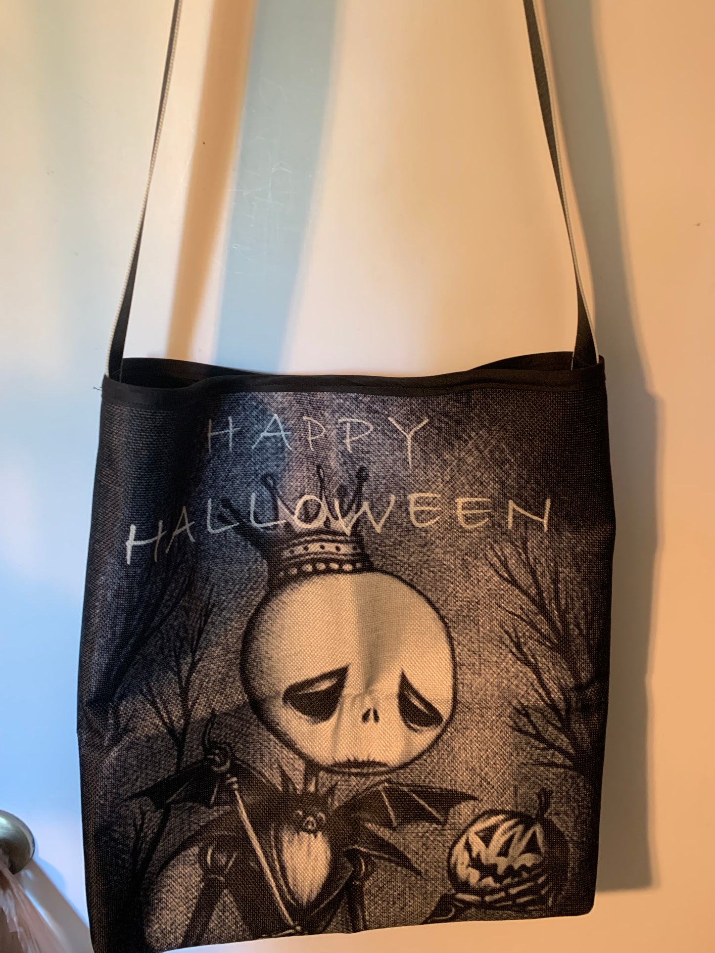 Halloween Themed Tote Bag, Nightmare before Christmas, Skull Print Design, Spooky Holiday Shopping Bag with Handles