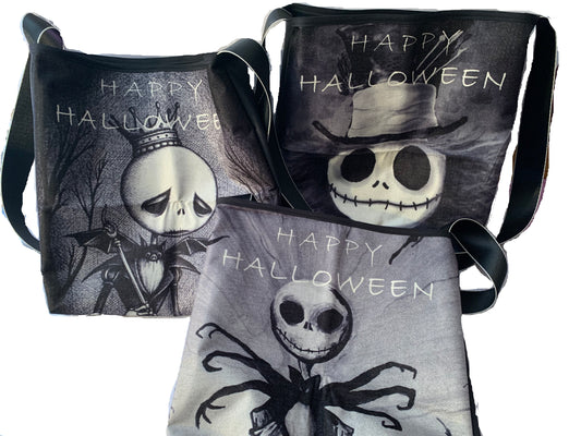 Halloween Themed Tote Bag, Nightmare before Christmas, Skull Print Design, Spooky Holiday Shopping Bag with Handles