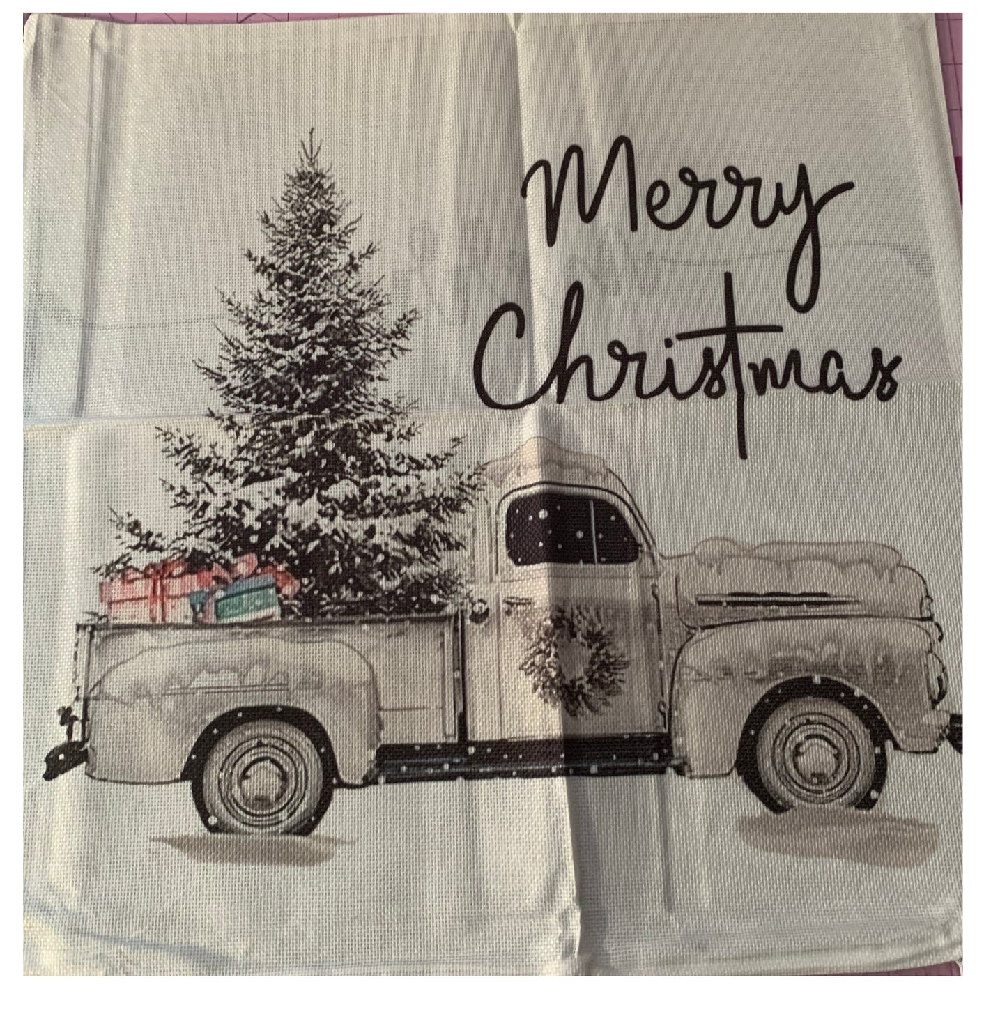 Winter Christmas Themed Tote Bag, cotton linen, Xmas Holiday Shopping Bag with Handles, large sized, reusable grocery bag, seatbelt straps, truck, wreath, sandta, snowman, reindeer, snowflake