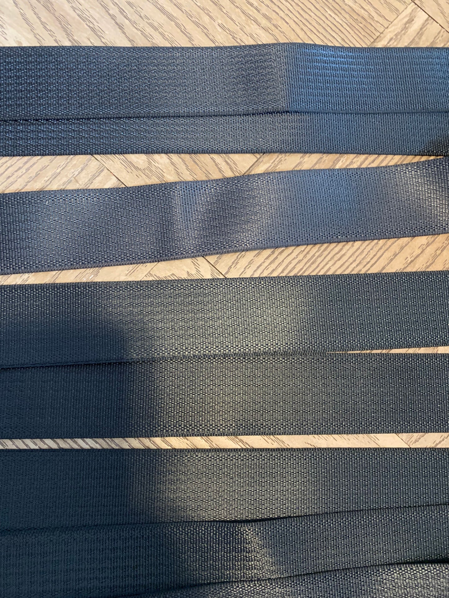 Lot Seat Belt Webbing Pieces from 12" to 72", APPROX 40 YDS TOTAL, various sizes and colors, automotive seatbelt webbing