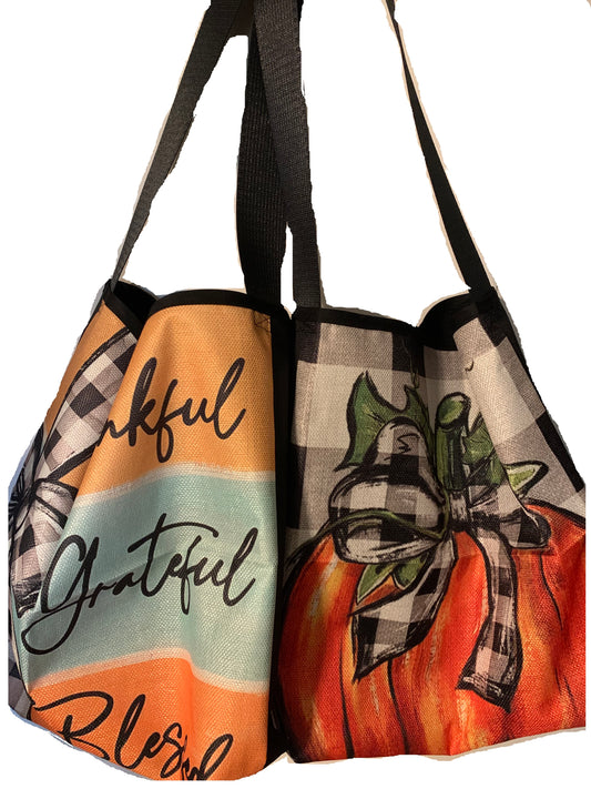 Fall Themed Tote Bag, Black and Orange cotton linen, Pumpkins Holiday Shopping Bag with Handles, large sized, reusable grocery bag