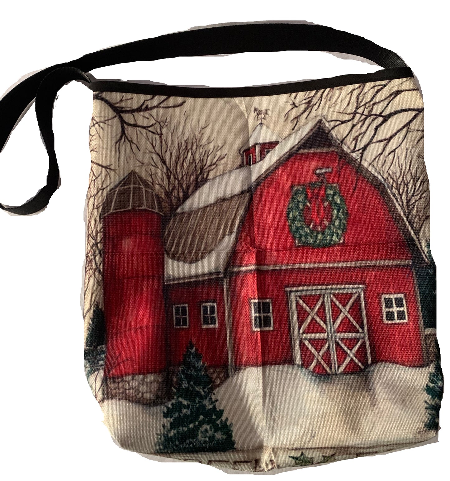 Winter Christmas Themed Tote Bag, cotton linen, Xmas Holiday Shopping Bag with Handles, large sized, reusable grocery bag, seatbelt straps