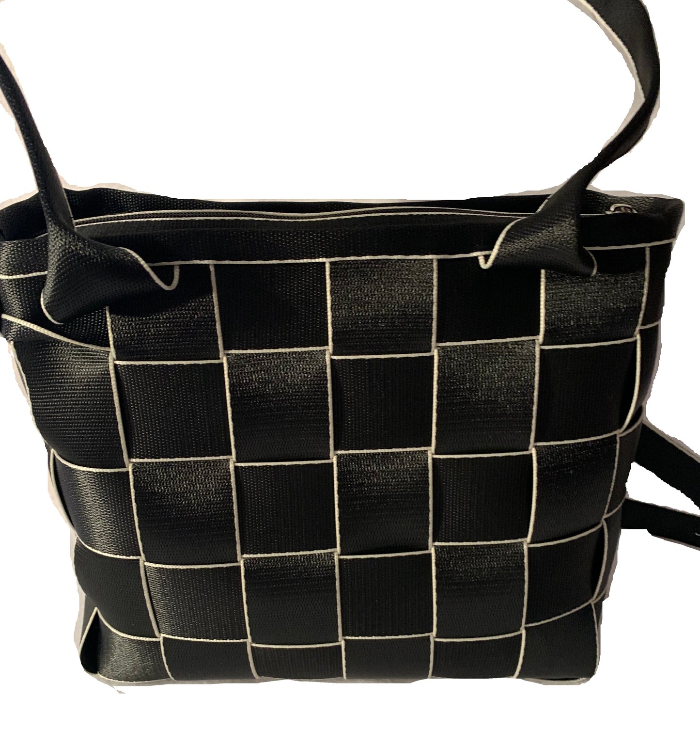 Seat Belt Purse in black with white edges, zipper, washable, geometric lining, large satchel, shoulder straps
