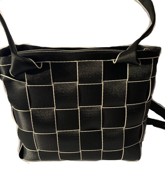 Seat Belt Purse in black with white edges, zipper, washable, geometric lining, large satchel, shoulder straps
