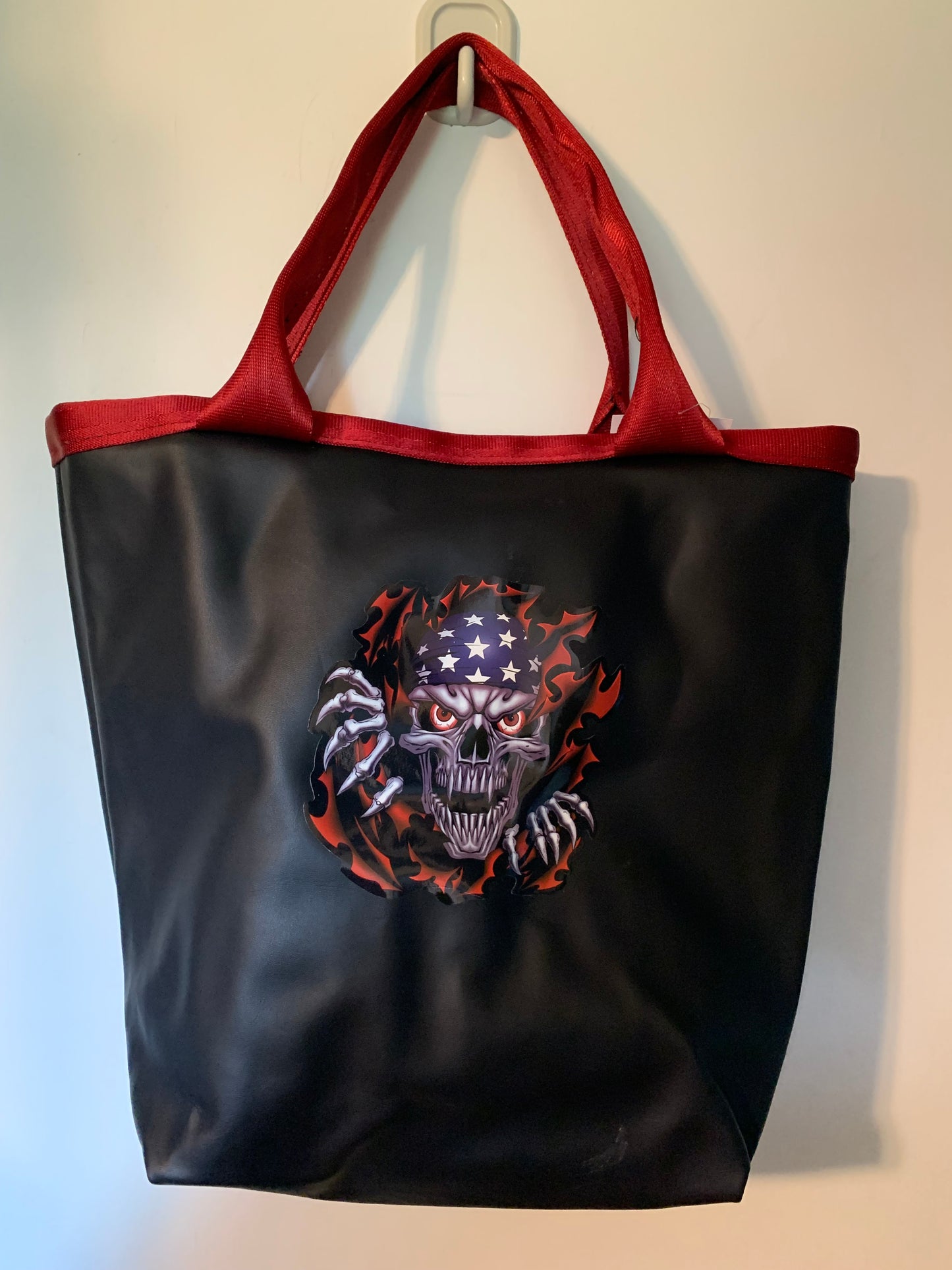 Skull Faux leather tote bag with seatbelt straps & skull decal, vegan leather handbag, men's tote bag, Father's Day Gift