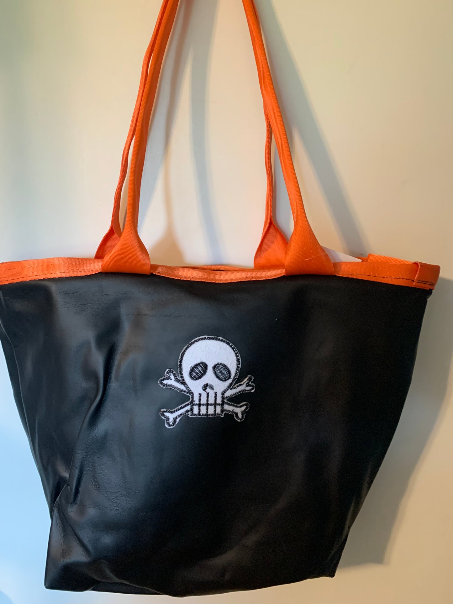 Skull Faux leather tote bag with seatbelt straps & skull decal, vegan leather handbag, men's tote bag, Father's Day Gift