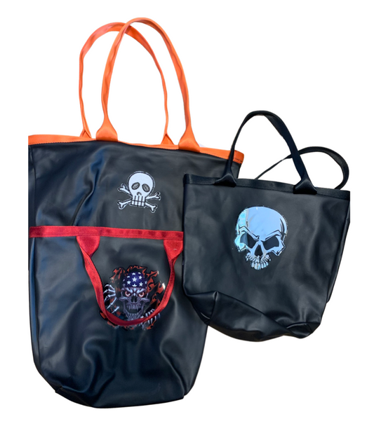 Skull Faux leather tote bag with seatbelt straps & skull decal, vegan leather handbag, men's tote bag, Father's Day Gift