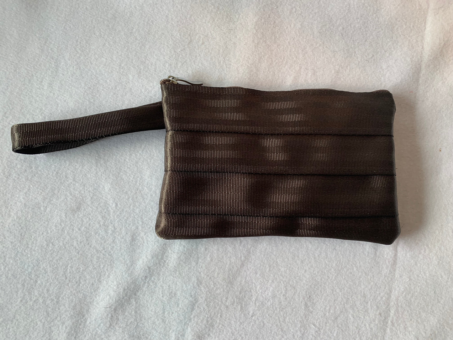 Seat belt clutch with wrist strap, various colors, lined or unlined, make up bag