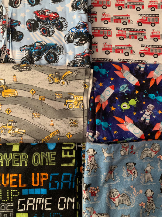 Weighted blanket, twin with 10 lbs, monster trucks, firetrucks, construction vehicles, spaceships, rockets, gaming, dogs, washable flannel