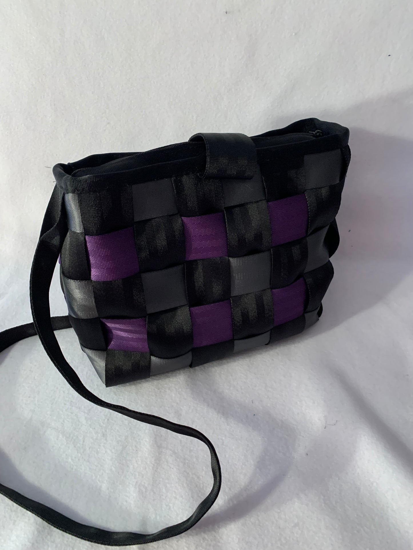 Cross Body Seat Belt Purse in black, grey and purple with zipper and magnetic snap flap, washable