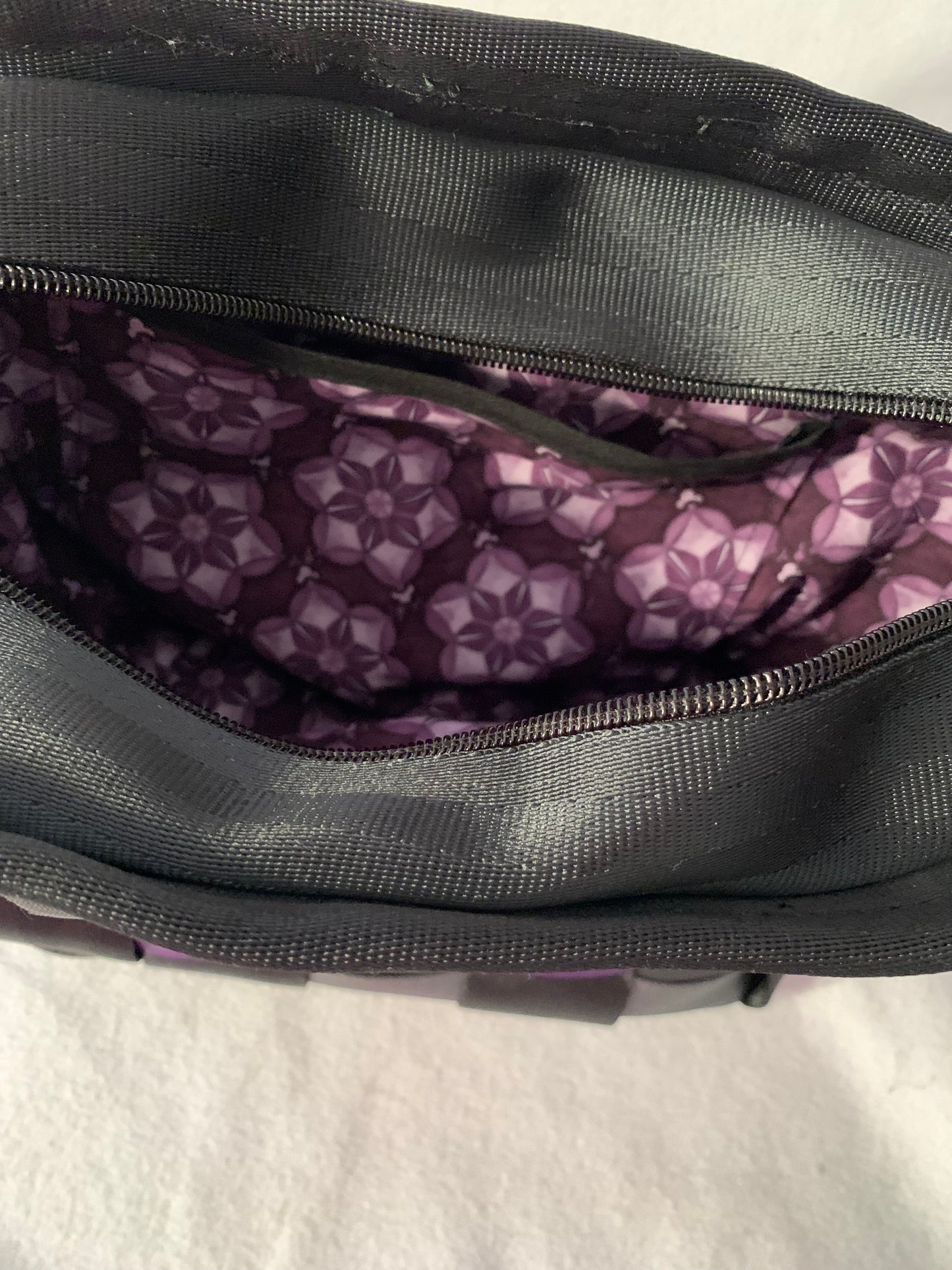 Cross Body Seat Belt Purse in black, grey and purple with zipper and magnetic snap flap, washable