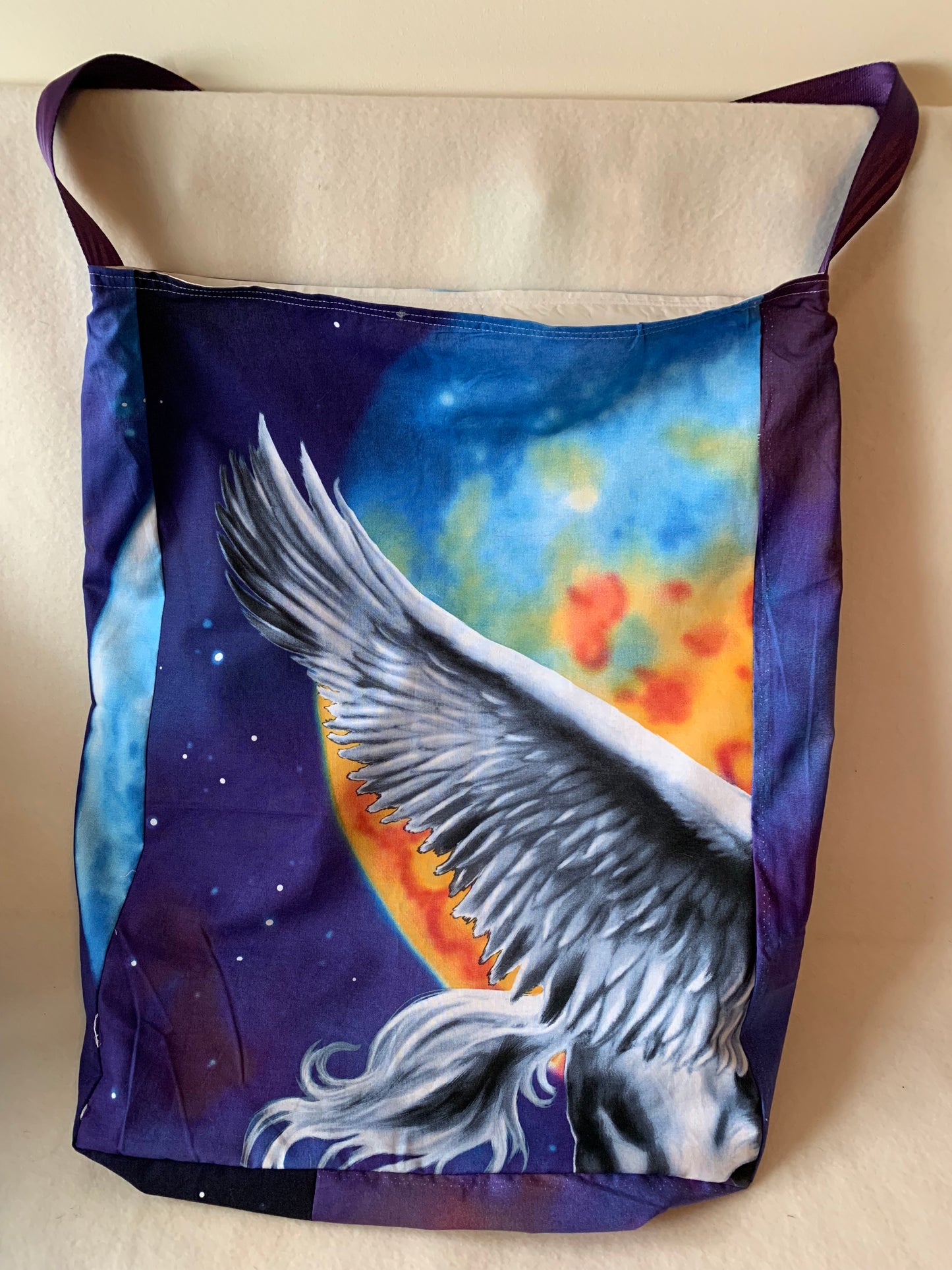 Extra large Tote bag in Pegasus cotton and heavy duty nylon lining with seat belt strap, moon & stars