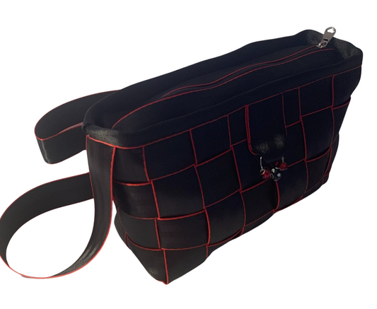 Cross Body Seat Belt Purse in black with red edges, zipper and flap, washable, various linins available