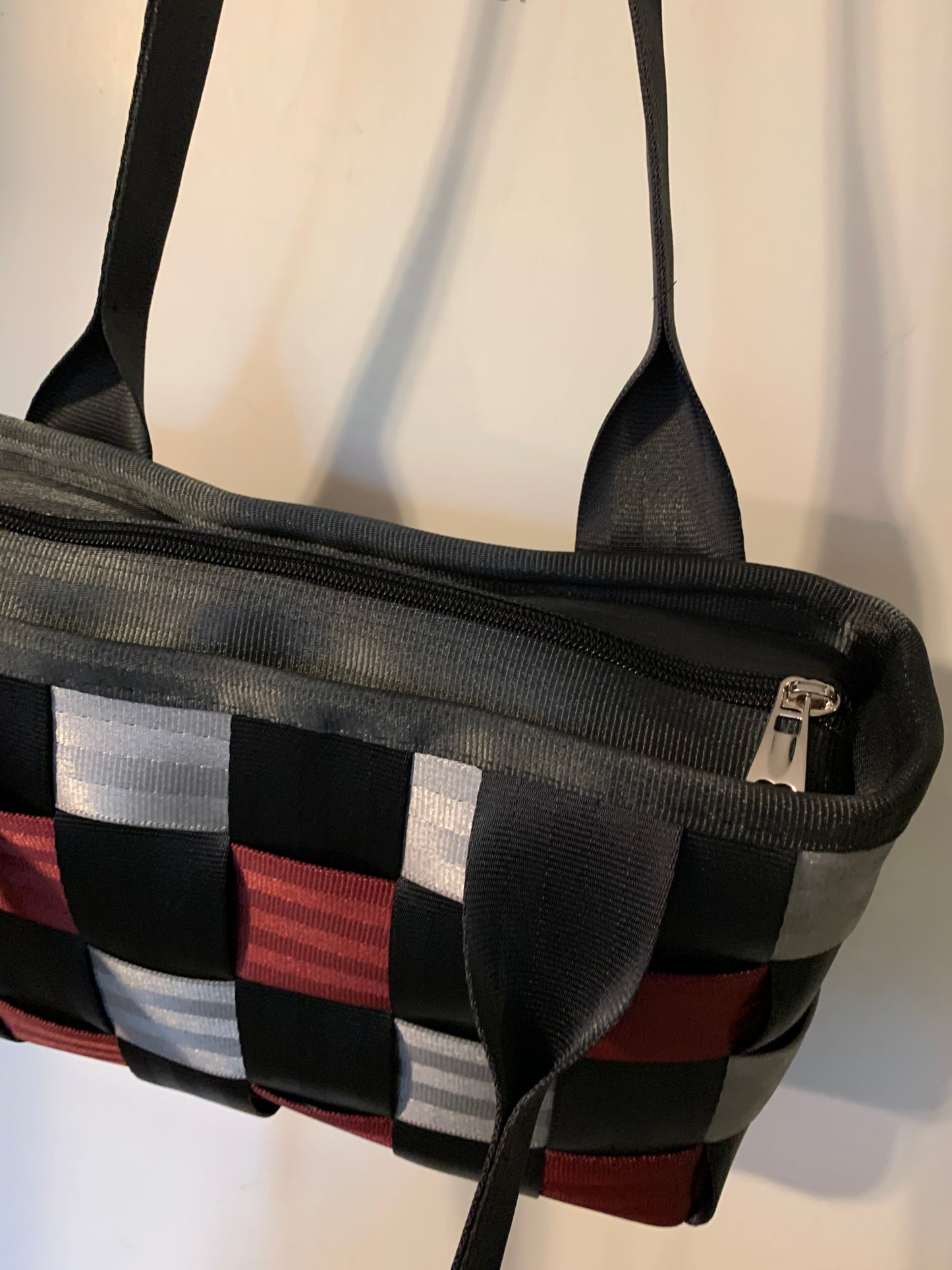 Weaved Seat Belt Purse in black, silver and burgundy with zipper, seatbelt handbag