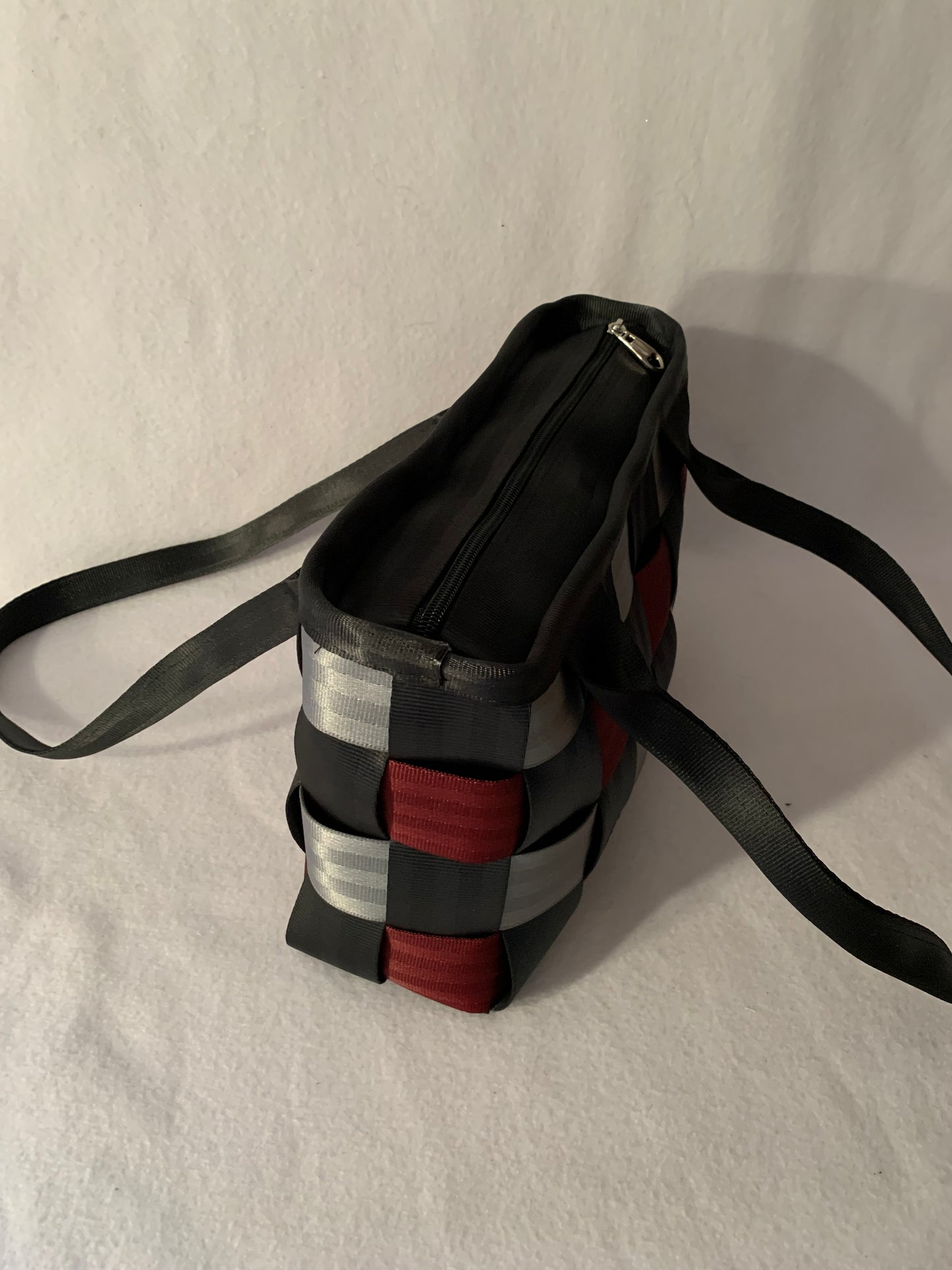 Weaved Seat Belt Purse in black, silver and burgundy with zipper, seatbelt handbag