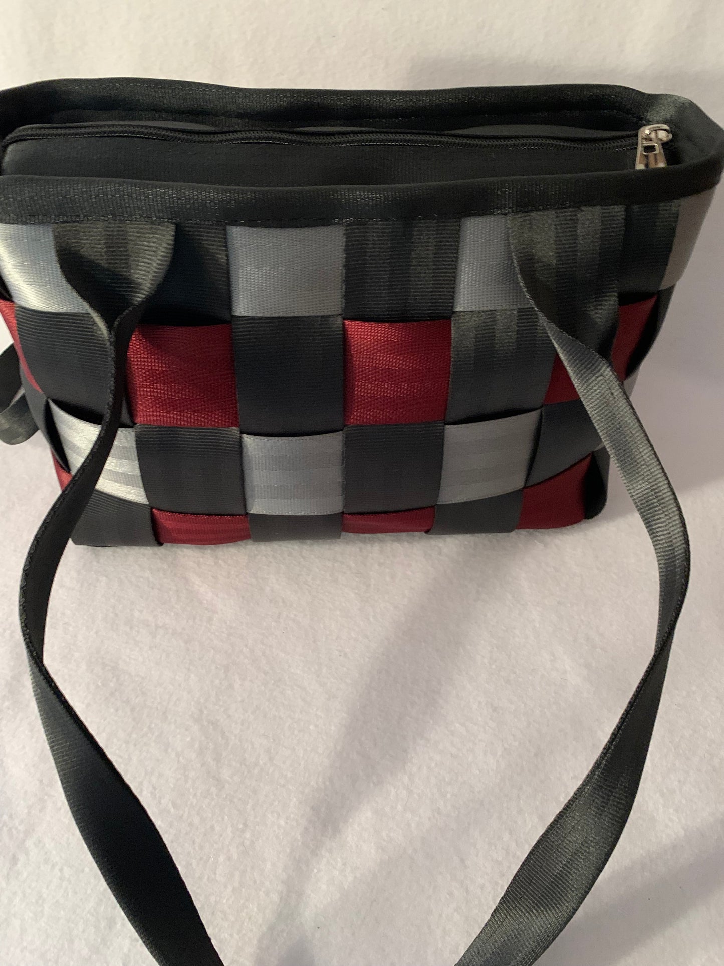 Weaved Seat Belt Purse in black, silver and burgundy with zipper, seatbelt handbag