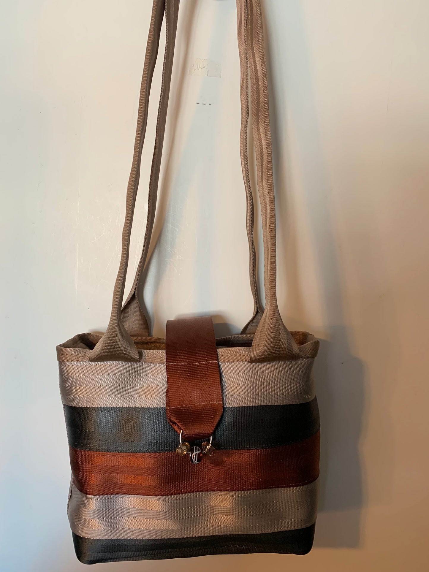 Seatbelt Purse, Seat belt Handbag in mixed tans, washable, zipper and magnetic flap