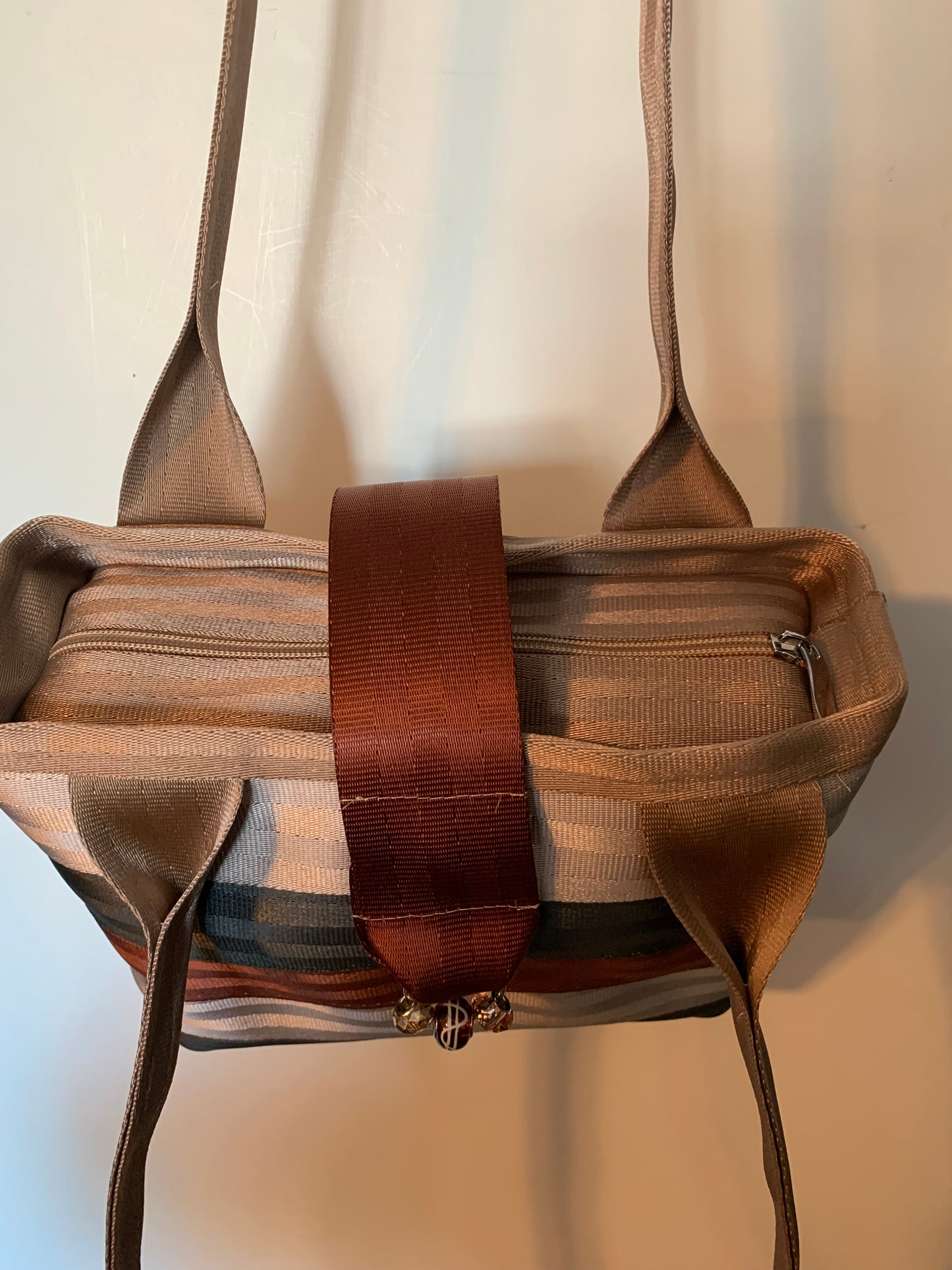 Seatbelt Purse, Seat belt Handbag in mixed tans, washable, zipper and magnetic flap