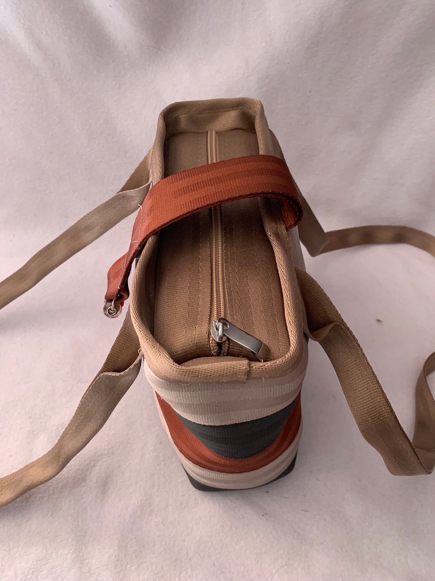 Seatbelt Purse, Seat belt Handbag in mixed tans, washable, zipper and magnetic flap