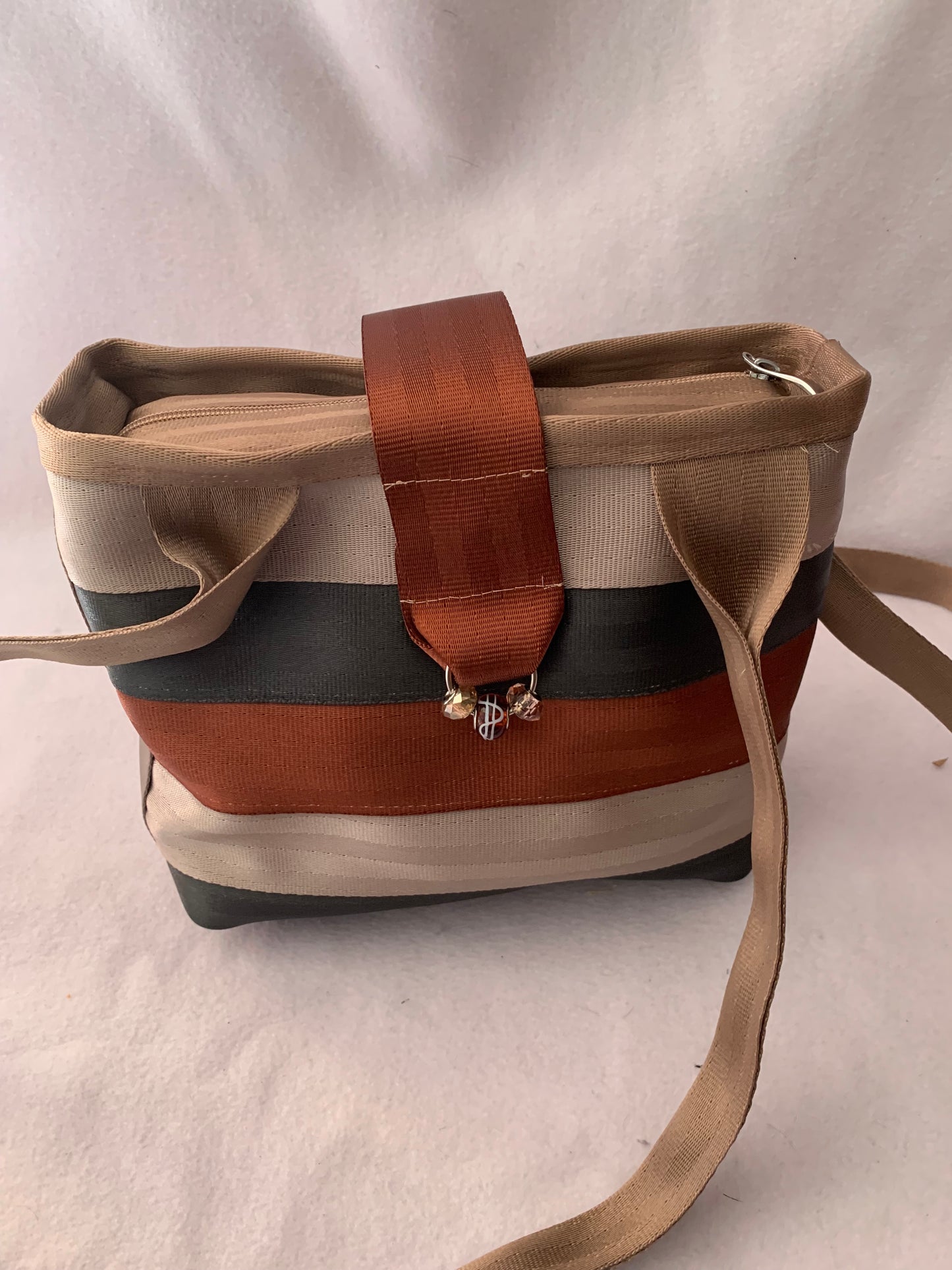 Seatbelt Purse, Seat belt Handbag in mixed tans, washable, zipper and magnetic flap