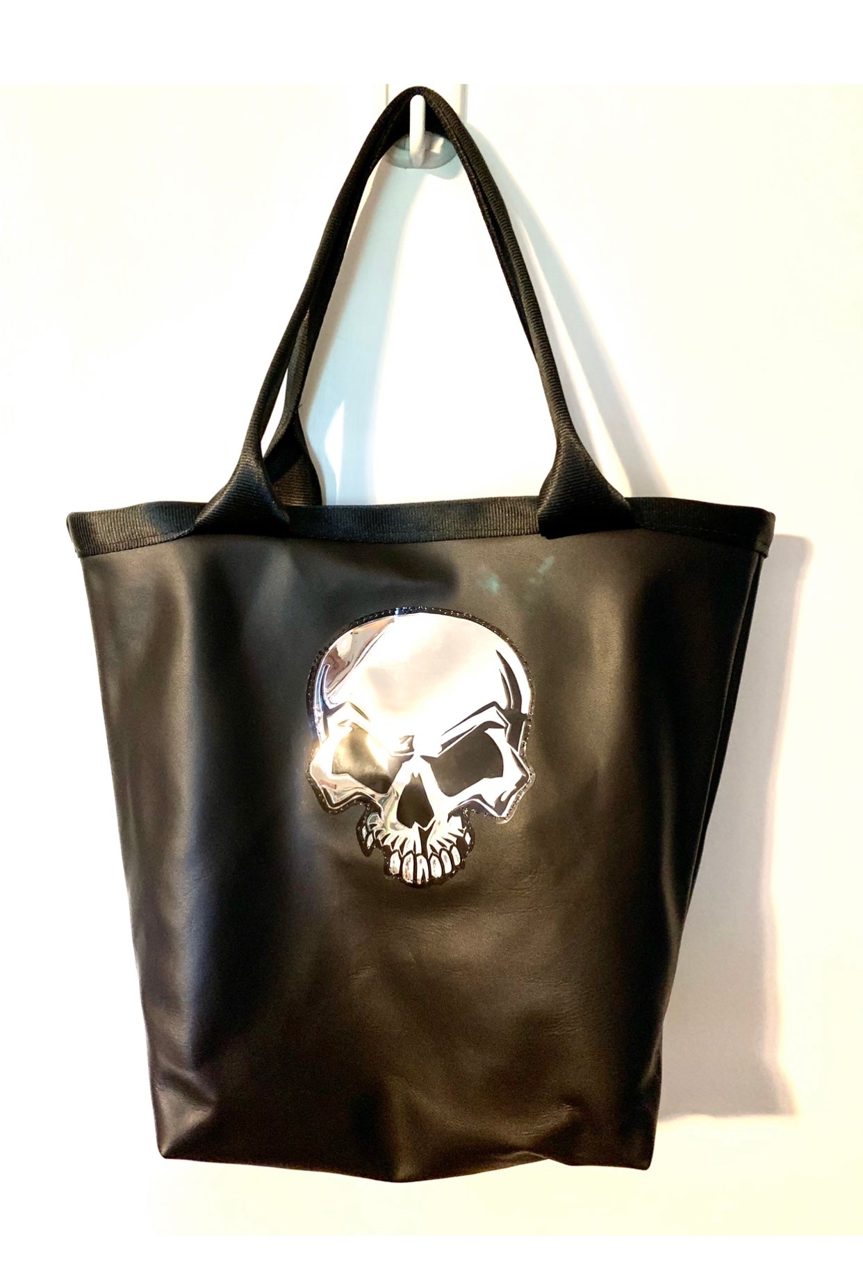 Skull Faux leather tote bag with seatbelt straps & skull decal, vegan leather handbag, men's tote bag, Father's Day Gift