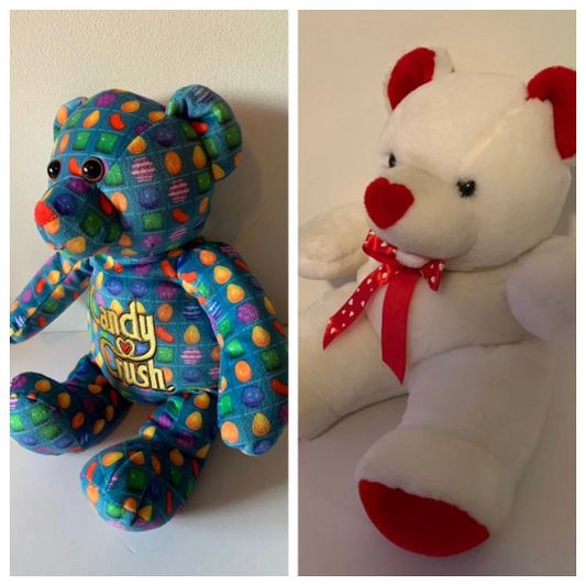 Weighted stuffed Candy Crush bear with 3 lbs, Valentine bear with 6 1/2 lbs, WEIGHTED AUTISM BUDDY