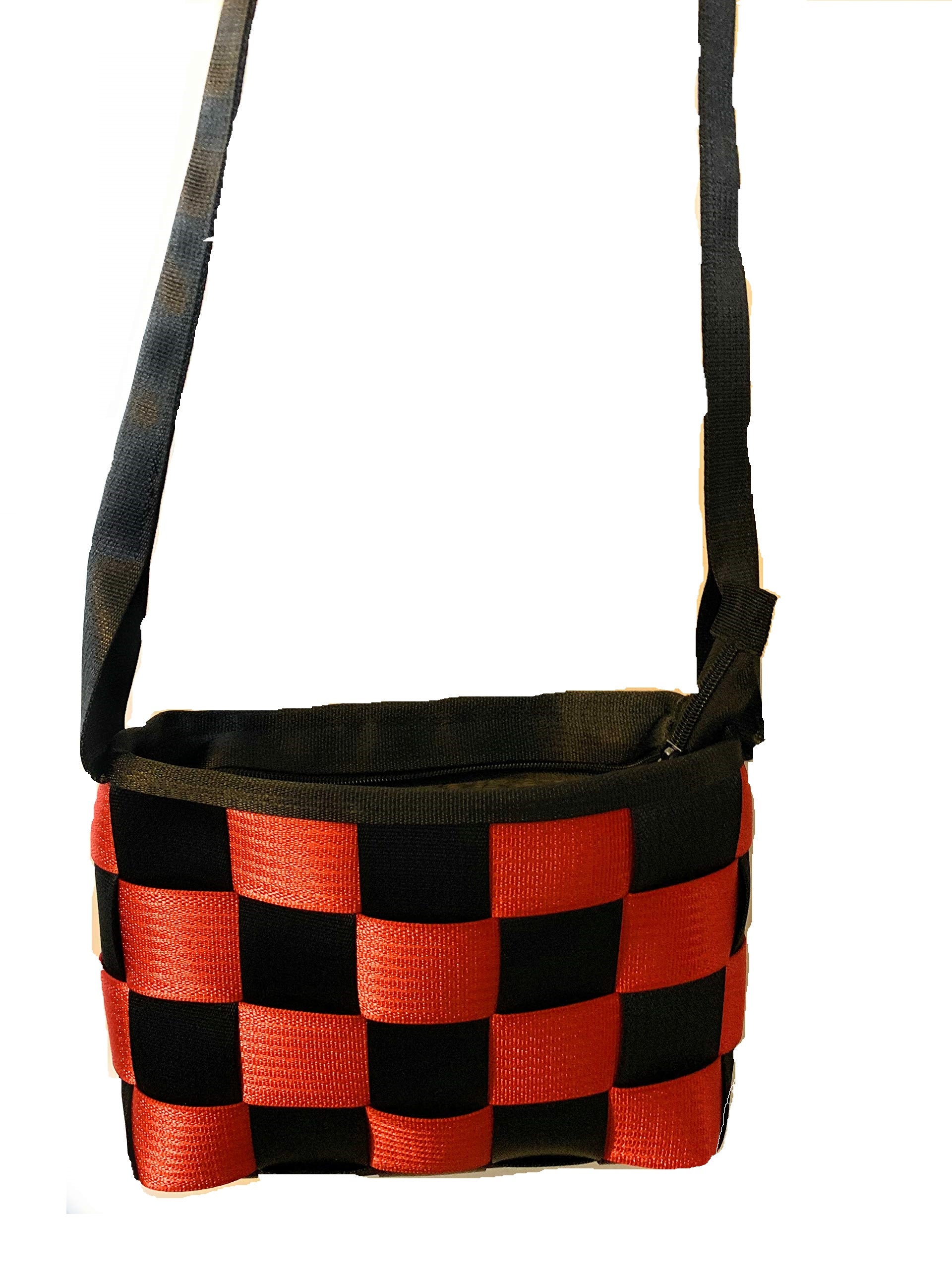 Large Seat belt tote outlet in black, silver and tan weaved webbing with a print cotton lining