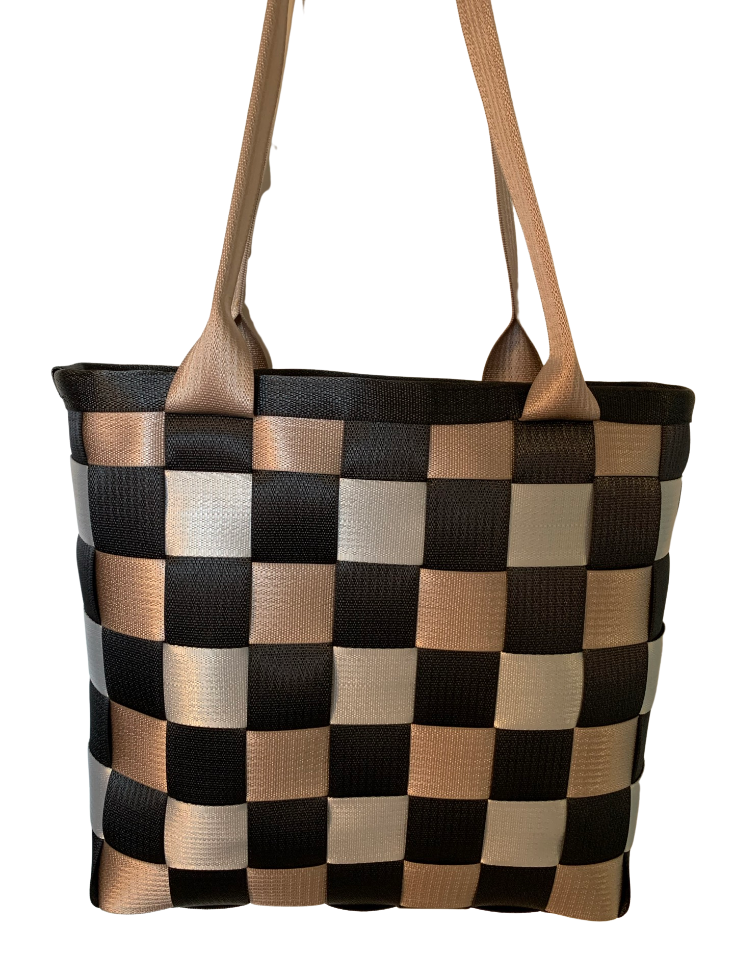 Large seat belt tote, weave style in black, silver & tan, seatbelt handbag, extra large purse