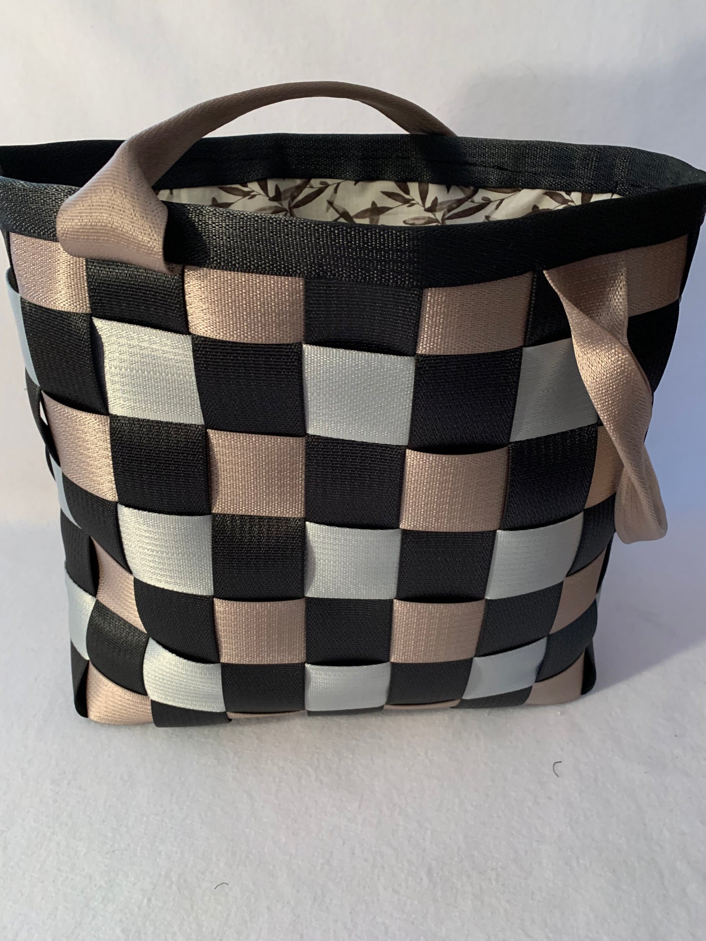 Large seat belt tote, weave style in black, silver & tan, seatbelt handbag, extra large purse