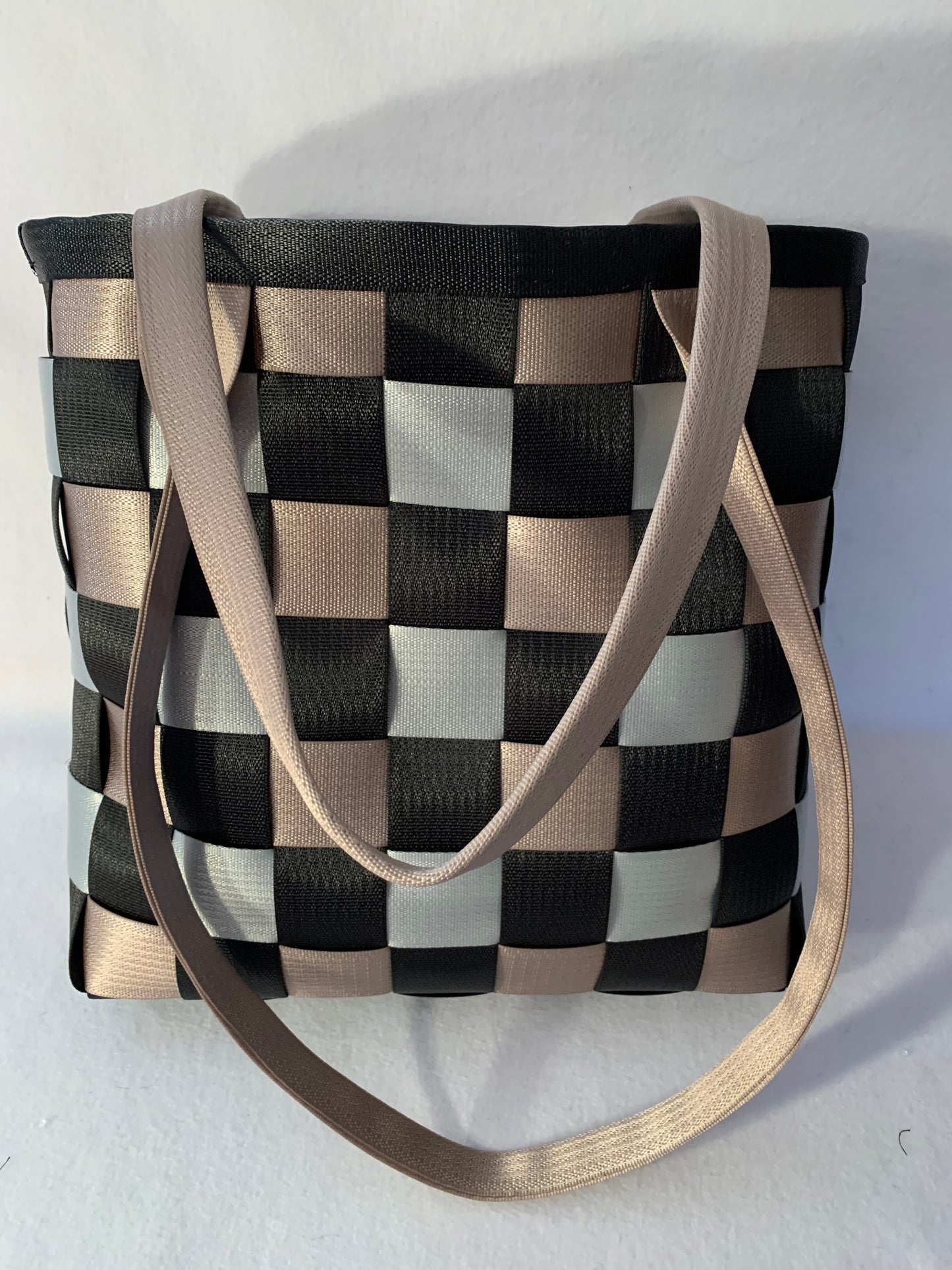 Large seat belt tote, weave style in black, silver & tan, seatbelt handbag, extra large purse
