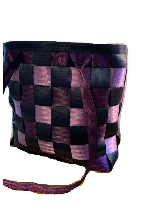 Large seat belt tote, weave style in charcoal, plum and lilac, seatbelt handbag, extra large purse