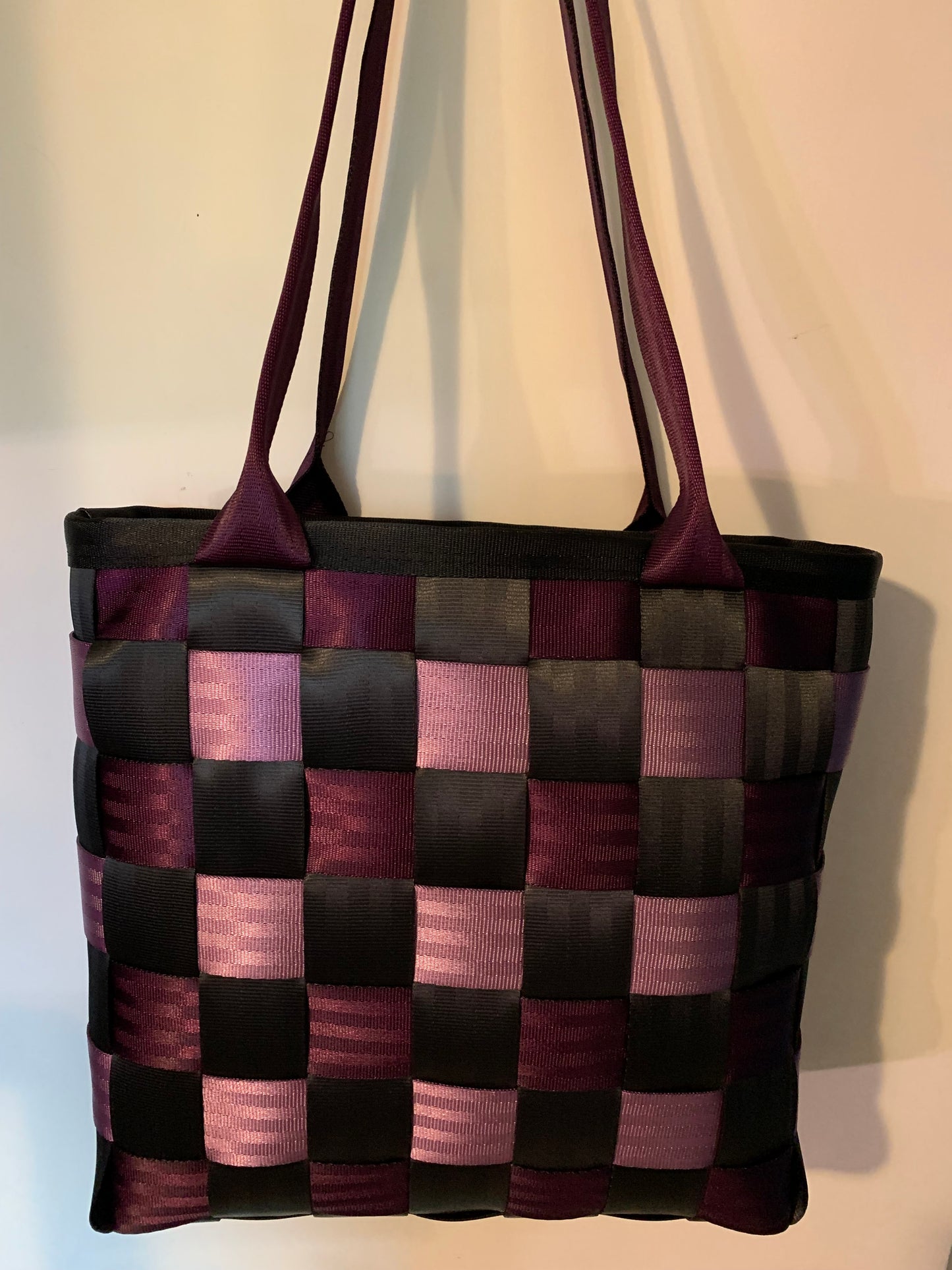 Large seat belt tote, weave style in charcoal, plum and lilac, seatbelt handbag, extra large purse