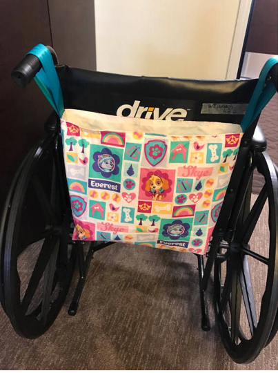 Kid's wheelchair bag, boys & girls wheelchair tote, children's wheelchair tote with various prints, seat belt straps
